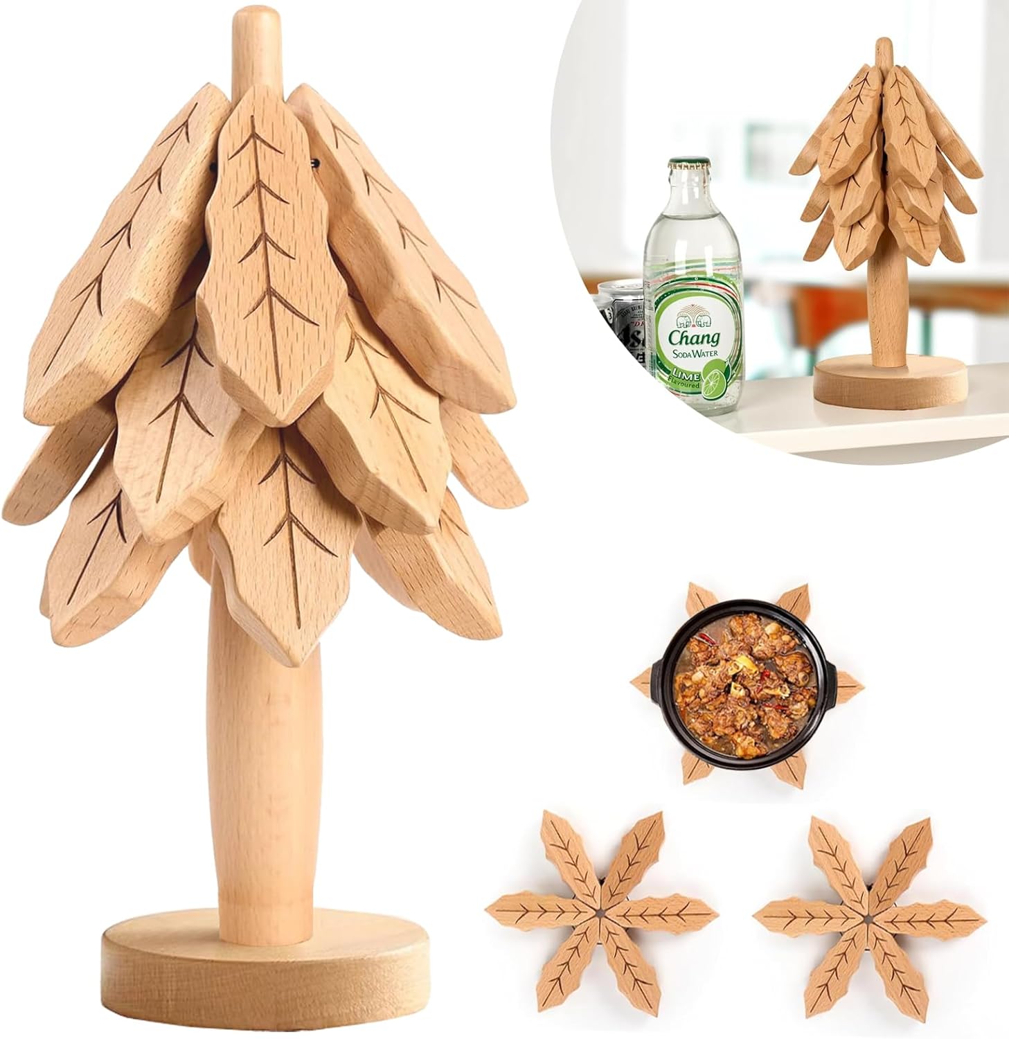 Wooden Trivets for Hot Dishes - Tree Trivet Set (3 Layers + 1 Stand)