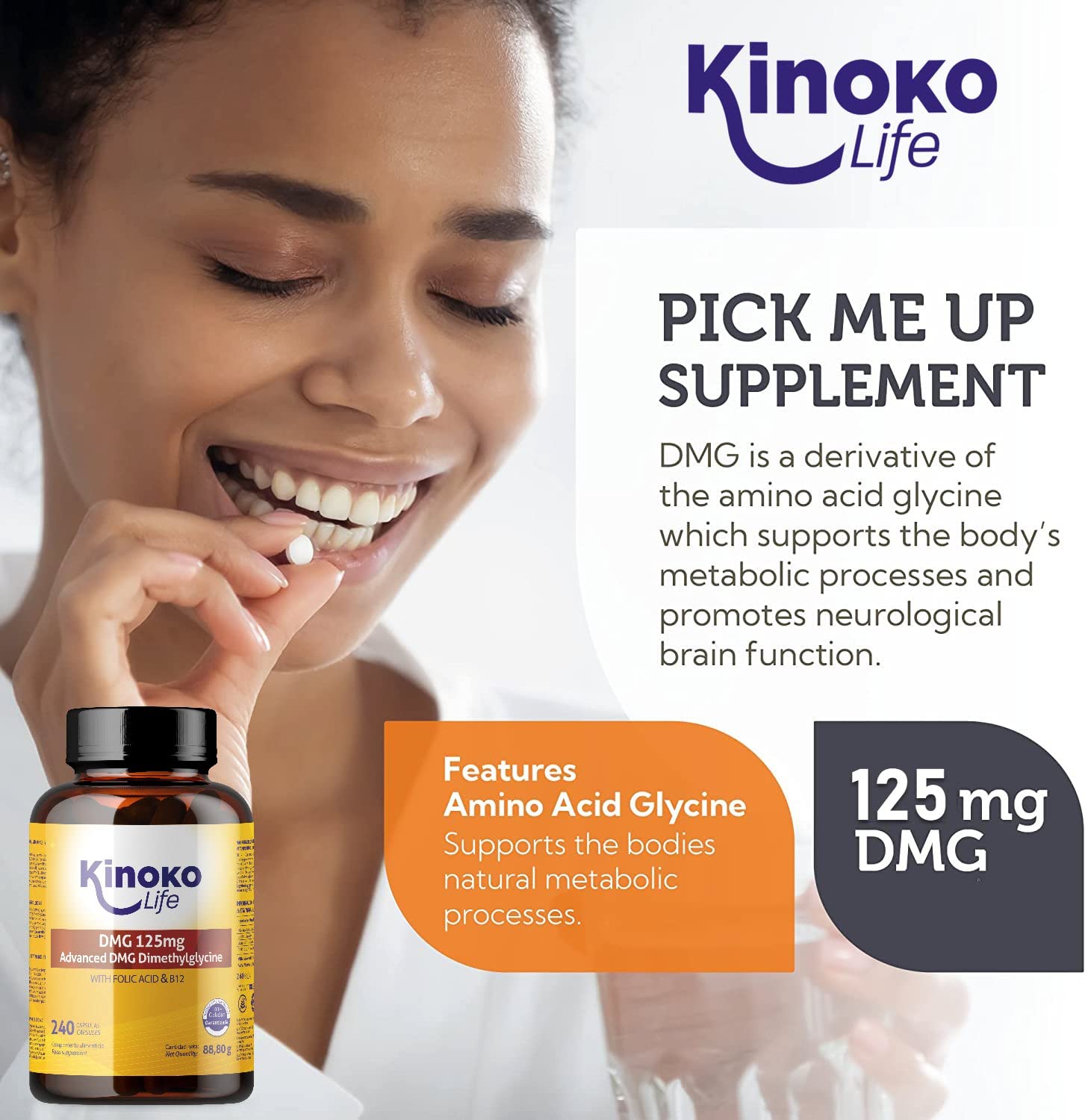 DMG Advanced 125 mg, 240 capsule Dimetilglicina pura. Con Acido Folico e B12 per un migliore assorbimento del DMG. Senza Glutine, Non OGM, Vegan Friendly. Memoria, Stress, Concentrazione