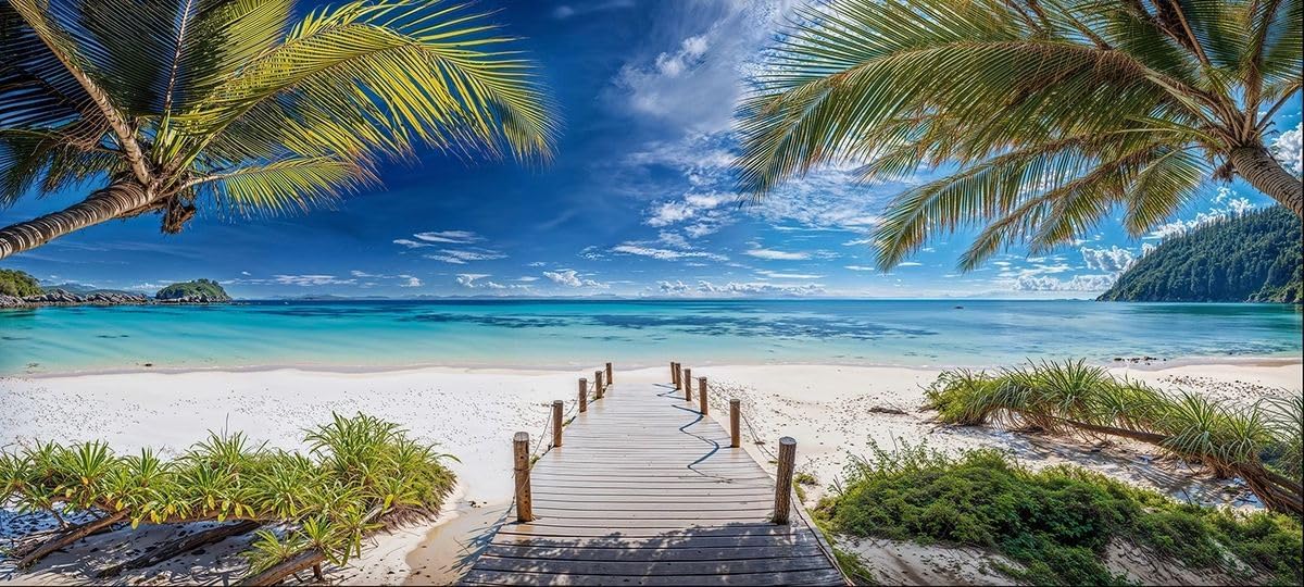 Tropical Beach Shore Garden Mural, Tapestry & Curtain – Waterproof Outdoor Wall Hanging, Ocean Jetty Wall Art & Coastal Fence Decor W400cm x H180cm, W157.48 inches x H70.87 Inches