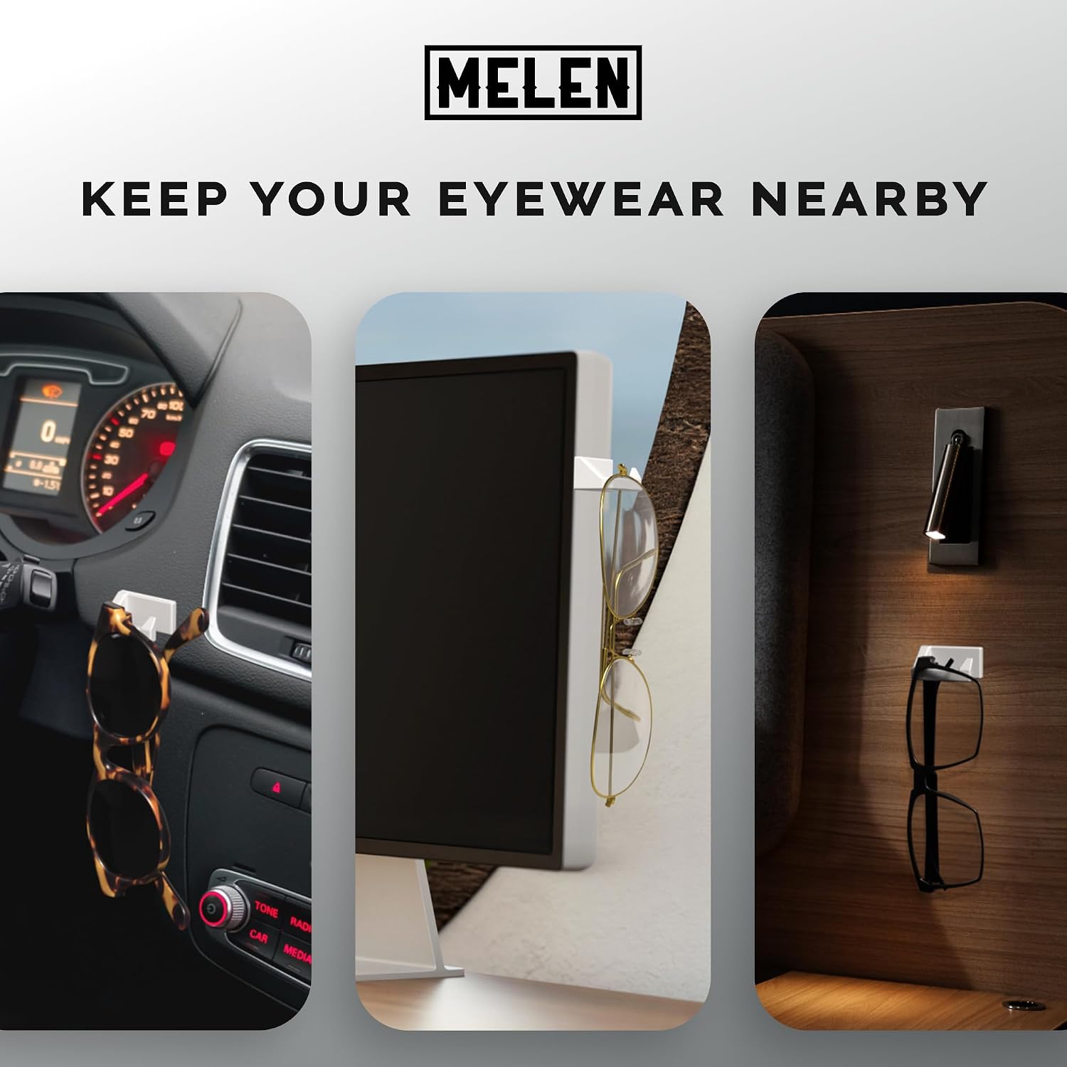 MELEN Adhesive Sunglass Organizer Wall (8-Pack) - Strong and Compact Glasses Holder, Sunglass Holder for Car and Wall - White