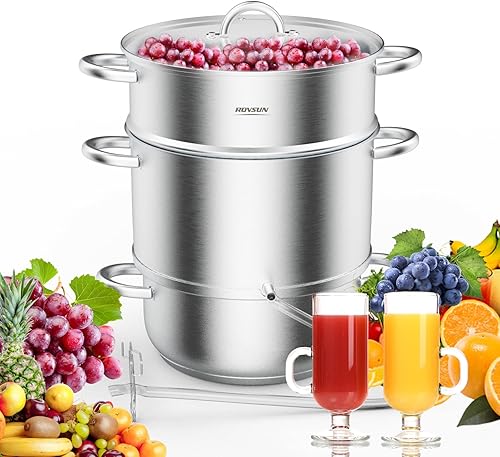 ROVSUN Vaporizador de jugo de acero inoxidable de 11 cuartos de galón, extractor, frutas y verduras, olla vaporera, con abrazadera de tapa de vidrio