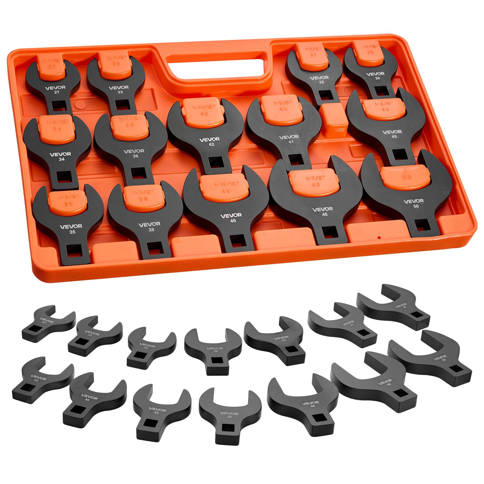 VEVOR Juego de Llaves de Pata de Gallo 14 Piezas Métricas de 27 a 50 mm, Llaves de Pata de Cuervo de Extremo Abierto, Accionamiento de 1/2", Bandeja de Almacenamiento, para Mantenimiento Reparación