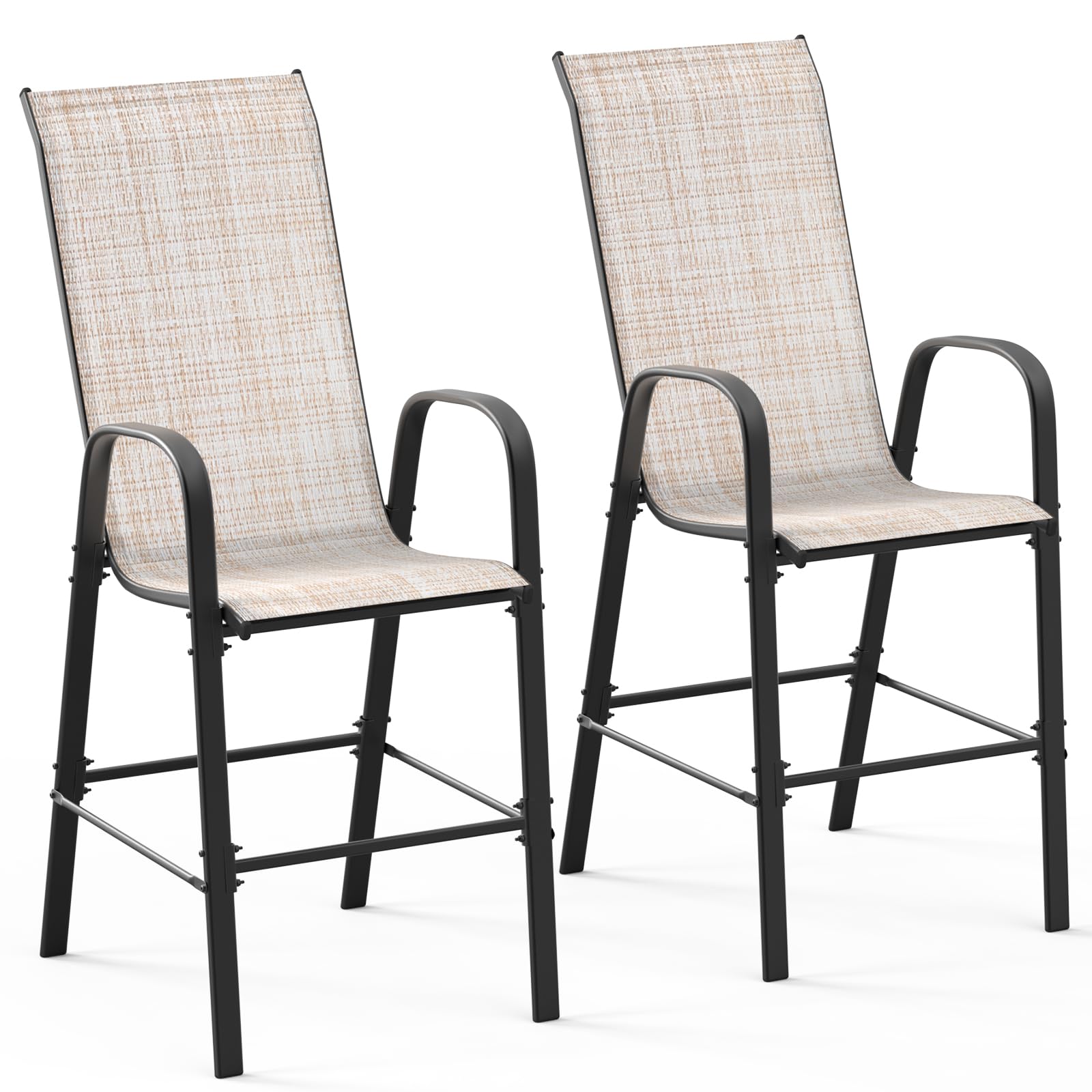 VINGLI Set of 2 Stackable Outdoor Bar Stools – Sling Chairs with High Back & Armrests, for Lawn, Garden, Bar, Yellow
