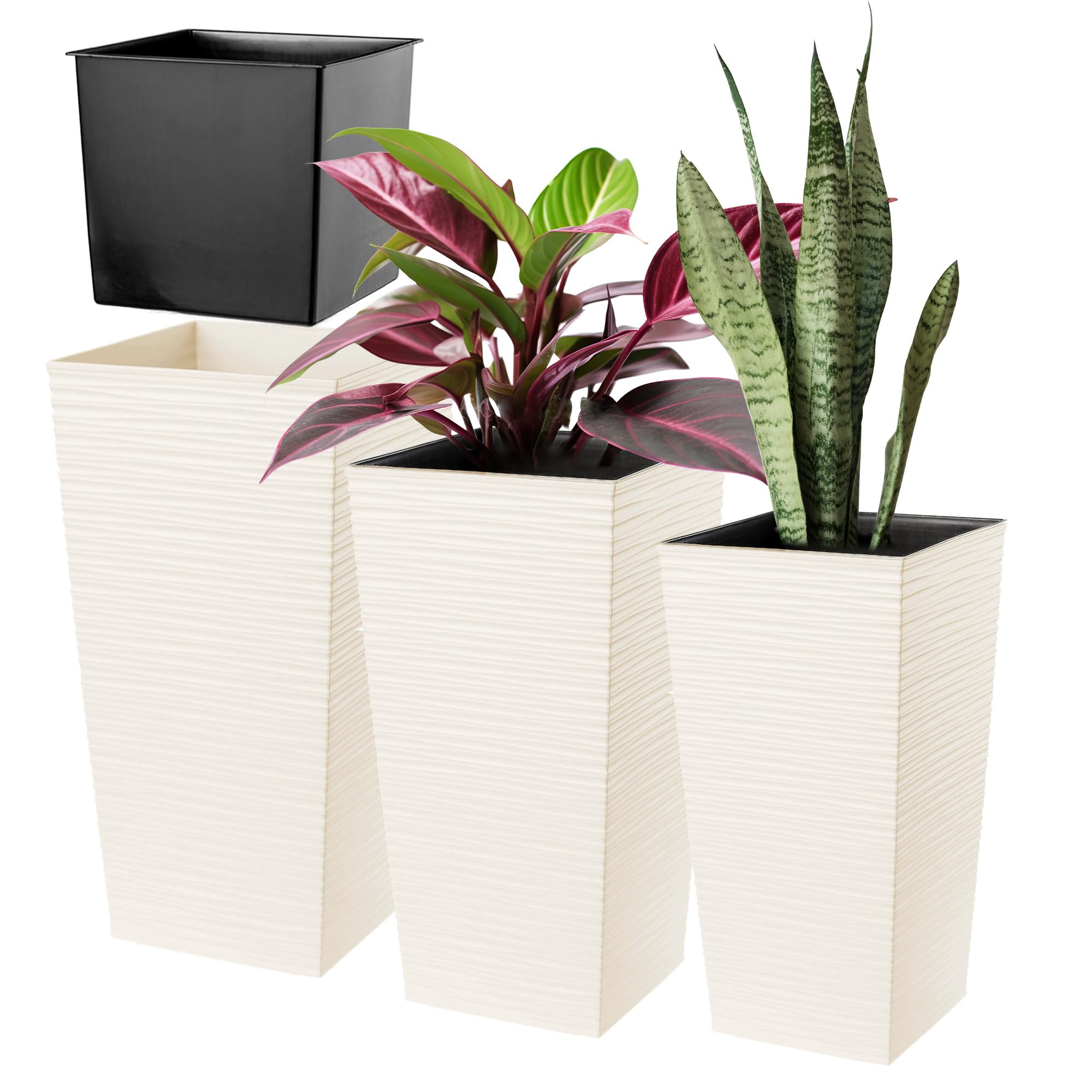 KADAX Maceteros Altos para Plantas de Interior y Exterior, Macetas de Plástico, Jardineras Altas (Texturizado, Crema, 57.5 cm, 68 cm y 75.5 cm, Aprox. 116L)