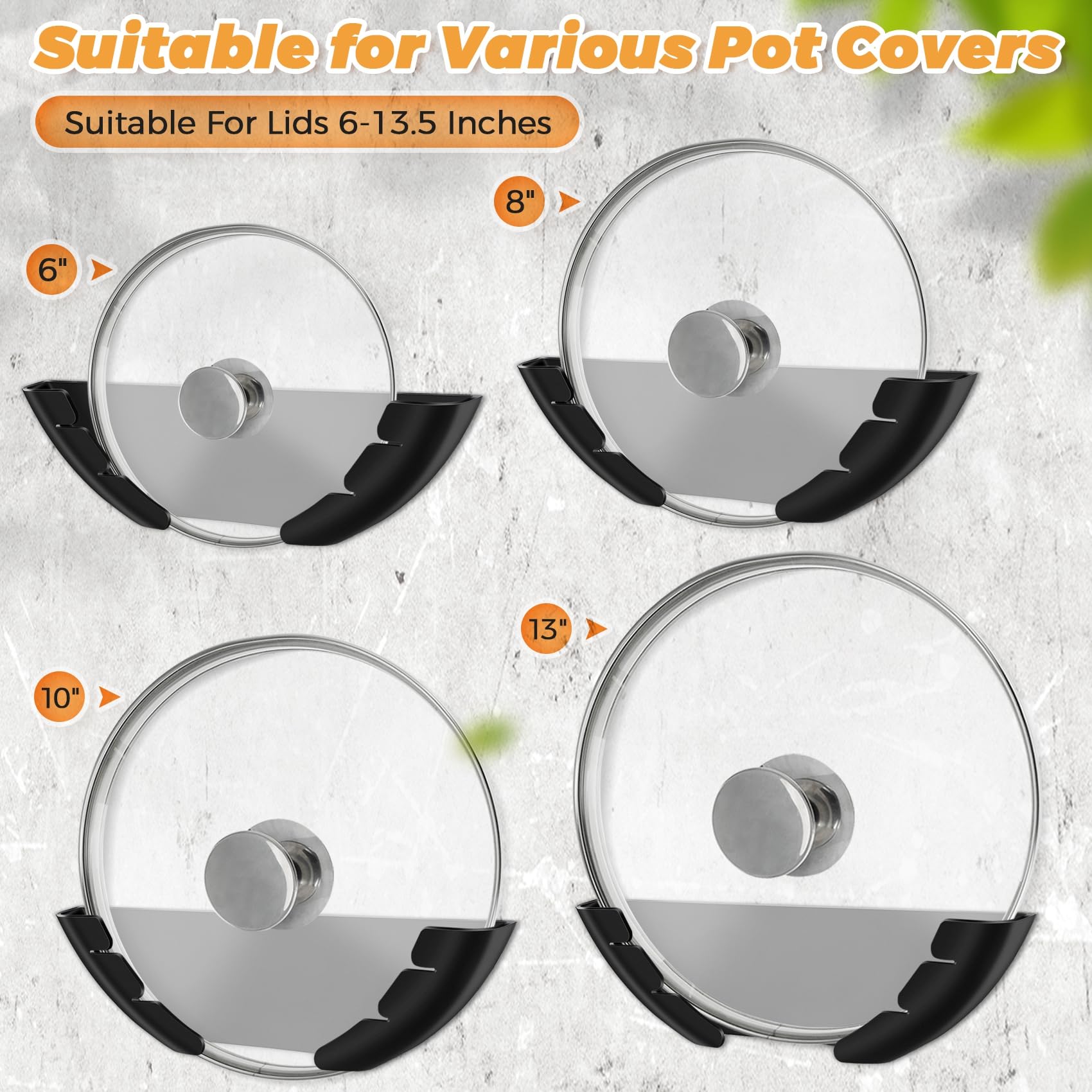 6 tapas de pared para ollas, soporte autoadhesivo para tapa de cocina para puerta de armario, se adapta a ollas y sartenes de 6 a 13 pulgadas, solución de almacenamiento que ahorra espacio (negro)