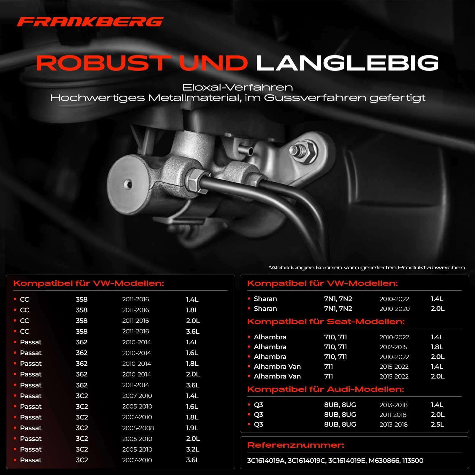 Frankberg Hauptbremszylinder Kompatibel mit Q3 8UB 8UG 1.4L-2.5L 2011-2018 Pa.ss.a.t 3C2 362 3C5 365 1.4L-3.6L 2005-2014 Sh.a.r.an 7N1 7N2 Ti.gu.an 5N 1.4L 2.0L Replace# 3C1614019C