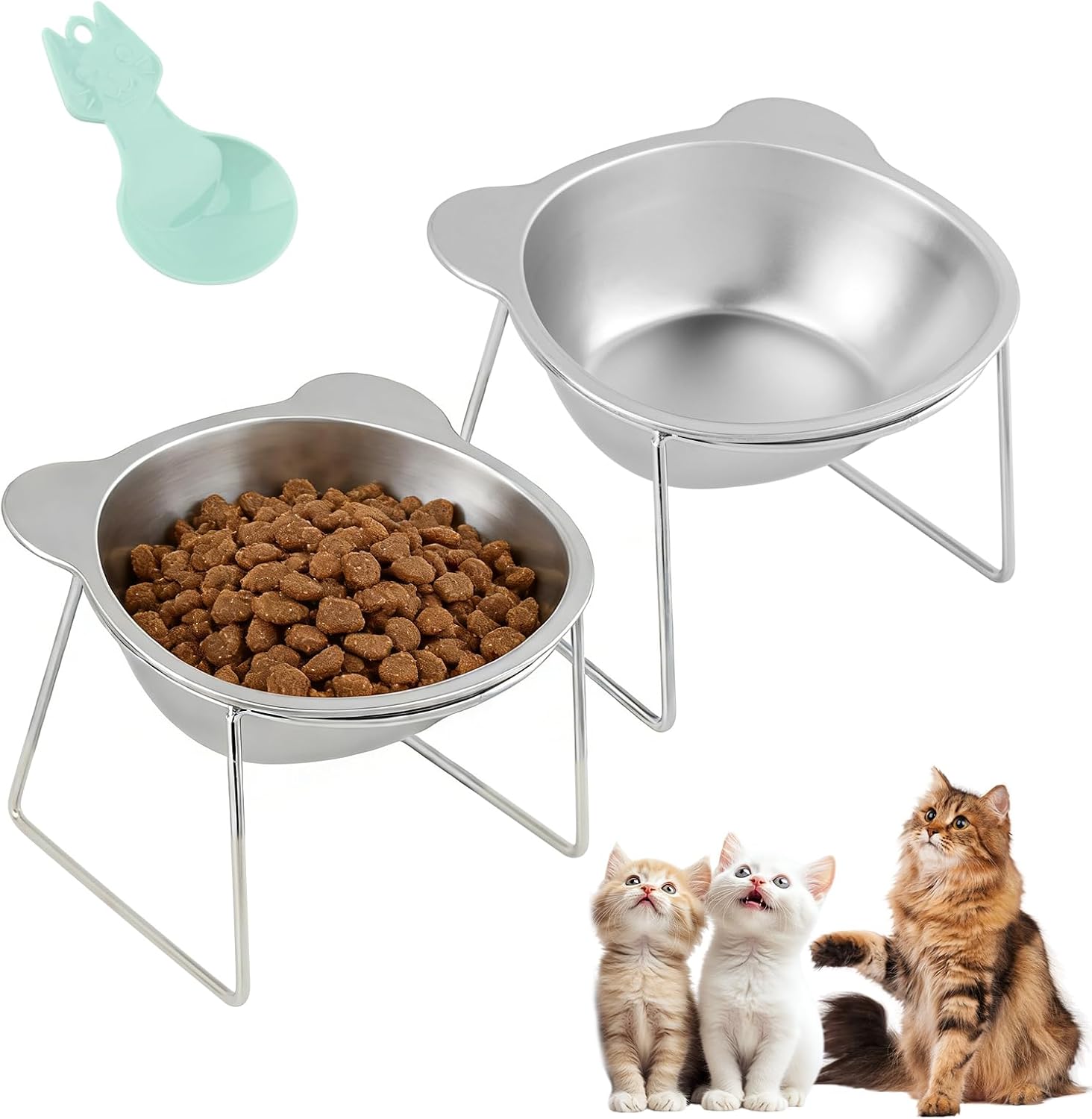 2 Pack Elevated Cat Bowls, 15° Tilted Stainless Steel Raised Cat Dishes for Food and Water, Whisker-Friendly Design with Non Slip Base and Scoop for Small Cats and Dogs