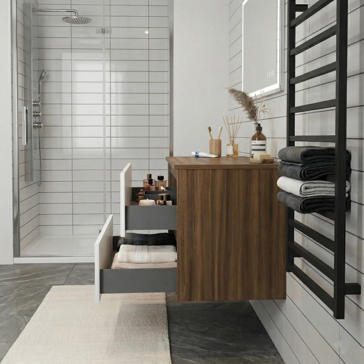 SANIVERRE EVA Meuble Vasque à Poser Suspendu L.100 cm Chêne Moka 2 Tiroirs Blanc Brillant Cannelé (sans Colonne) Salle de Bain