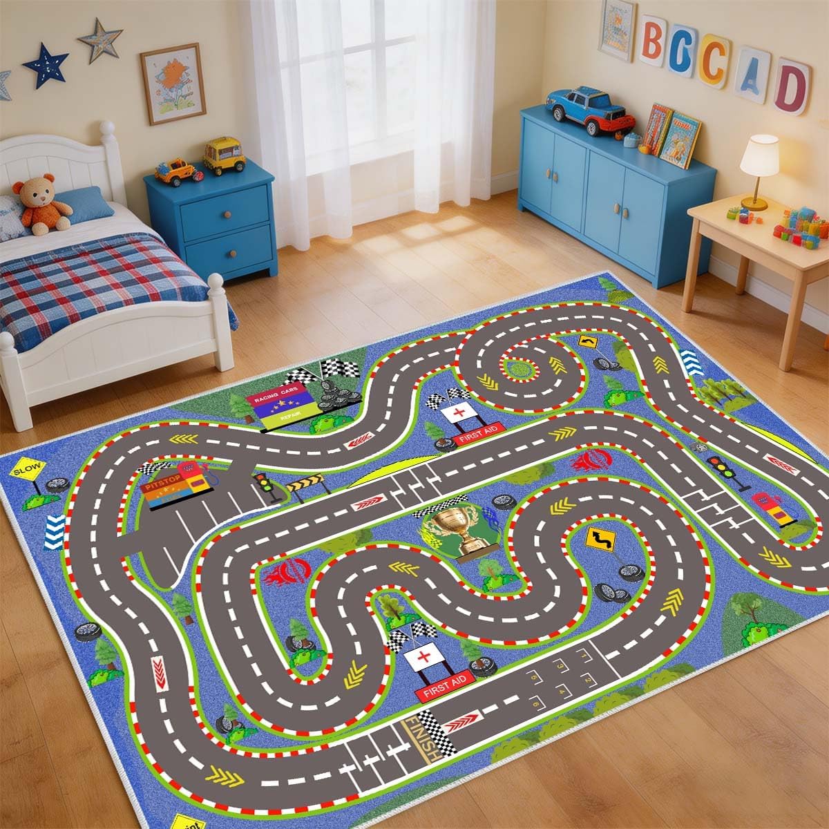 Kids Rug, Race Track Playmat Rugs 59×39 in Kids Carpet with Rubber Backing, Start and Finish line Racing Track Marking Car Road Race 3D Play Mat Nursery Rugs for Children Bedroom Playroom