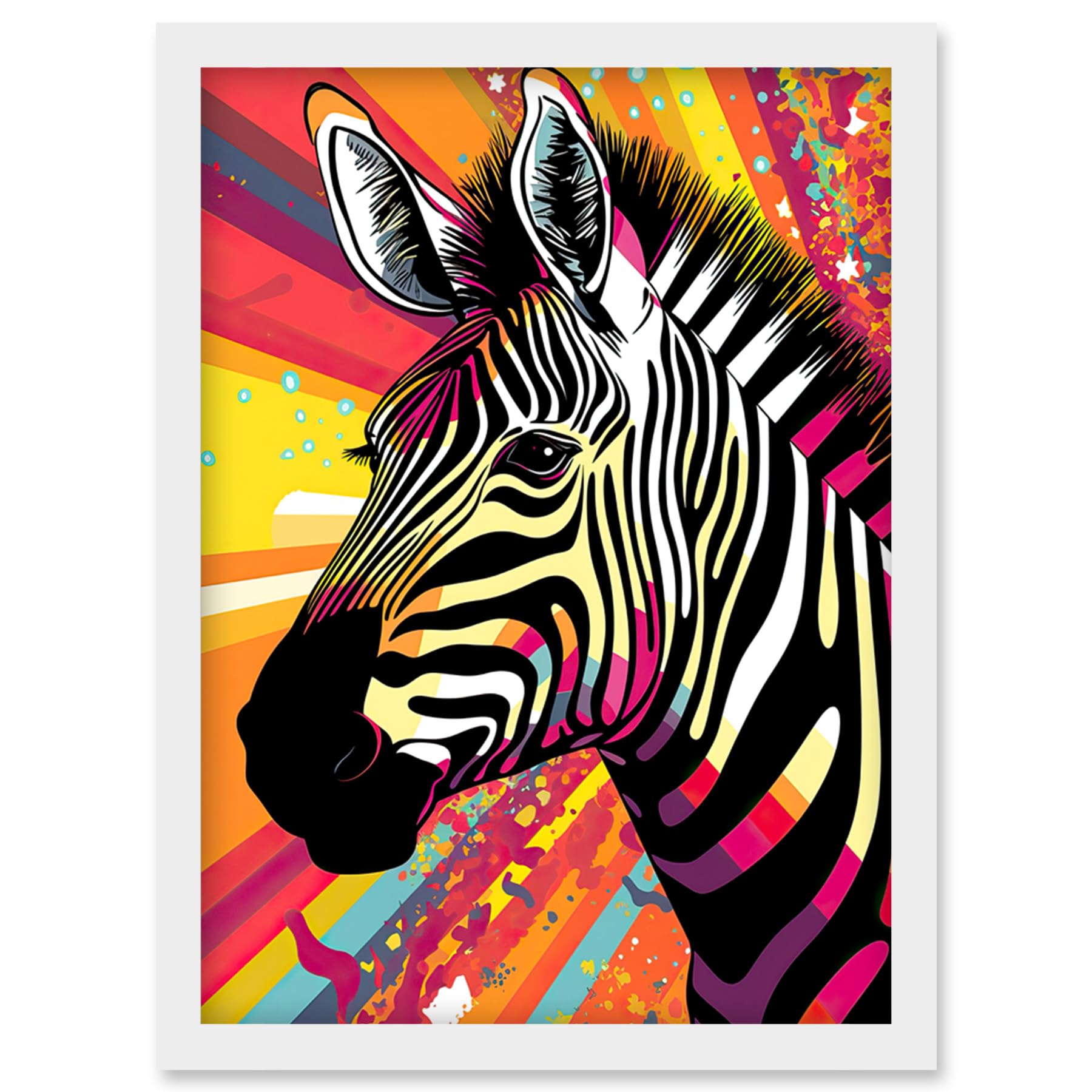 Artery8 Zebra Portrait Vibrant Colourful Stripes Bright Bold Psychedelic Rainbow Artwork Framed Wall Art Print A4