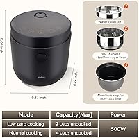 Vista 5 de Low Carb Sugar Rice Cooker 2 Cups Uncooked and 4 Cups of Regular Cooking Small Carb Reducing Maker Rice and Grain Multi-Cooker with Stainless Steel