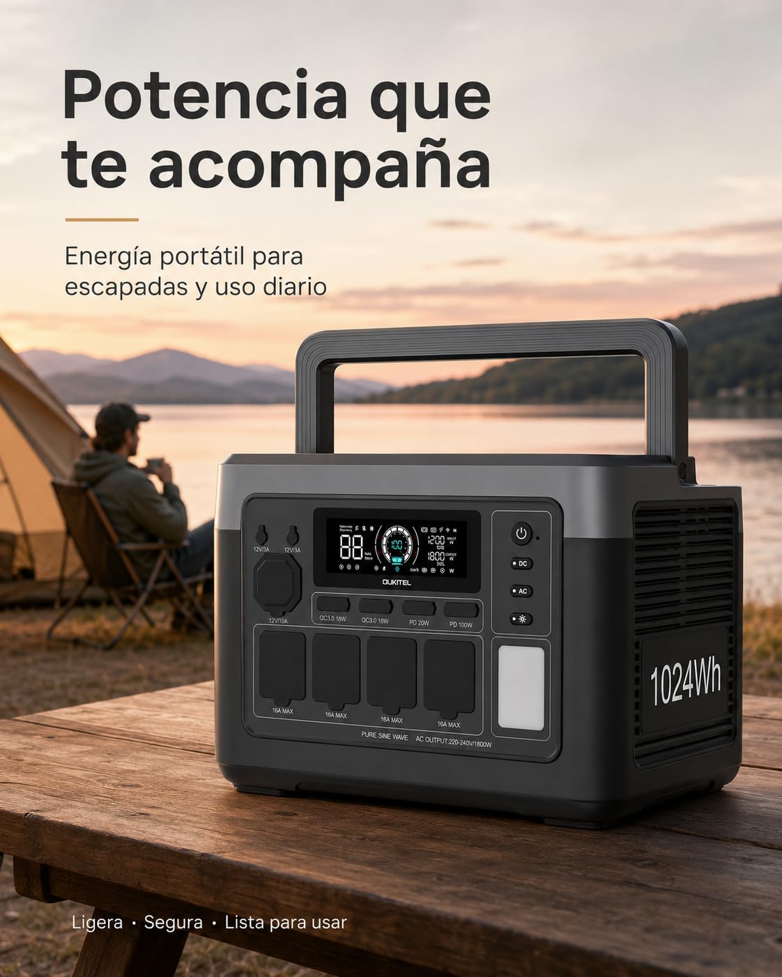 Oukitel P1000PLUS Estación de Energía Portátil 1024Wh 1800W, Batería LiFePO4, Energía de Respaldo para Hogar, SAI 10ms, Control por App, para Autocaravana y Camping