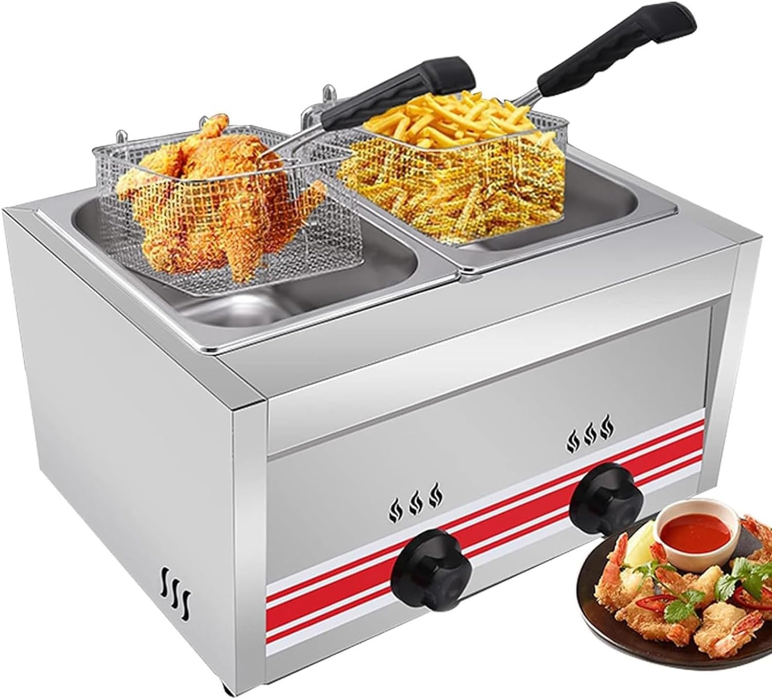 Stainless Steel Countertop Gas Fryer,Commercial Lpg Gas Deep Fryer with 2 Basket Propane Lpg Oil Frying Pot Kitchen Frying Machine Snack Fryer for French Fries Restaurant Home Kitchen,20L