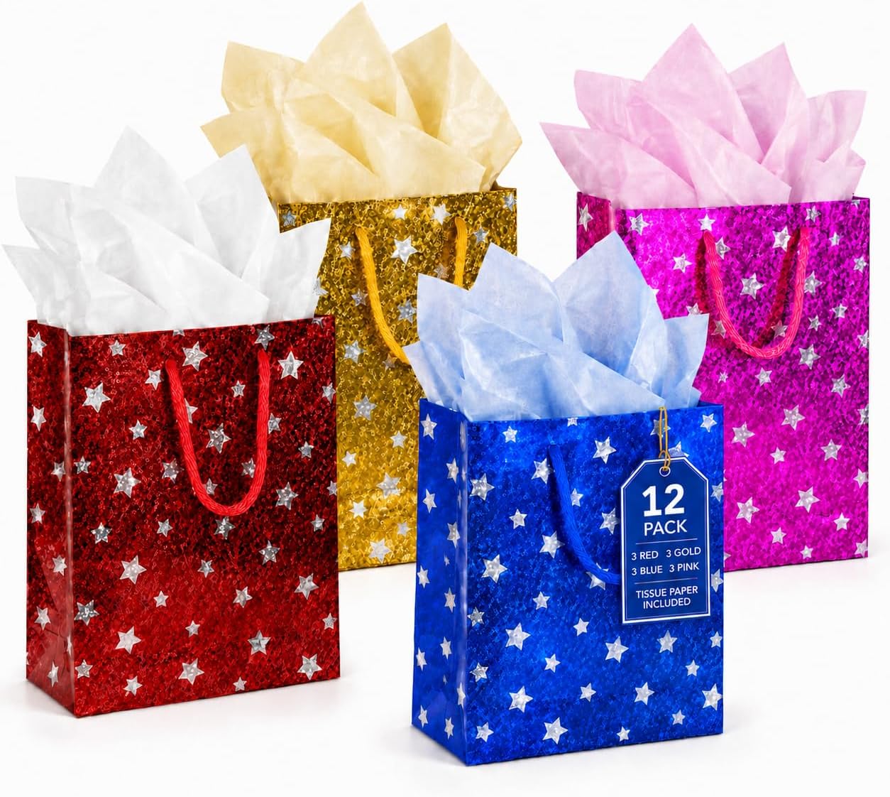 LWBDD 12 Pack Small Star Gift Bags with Handles, Holographic