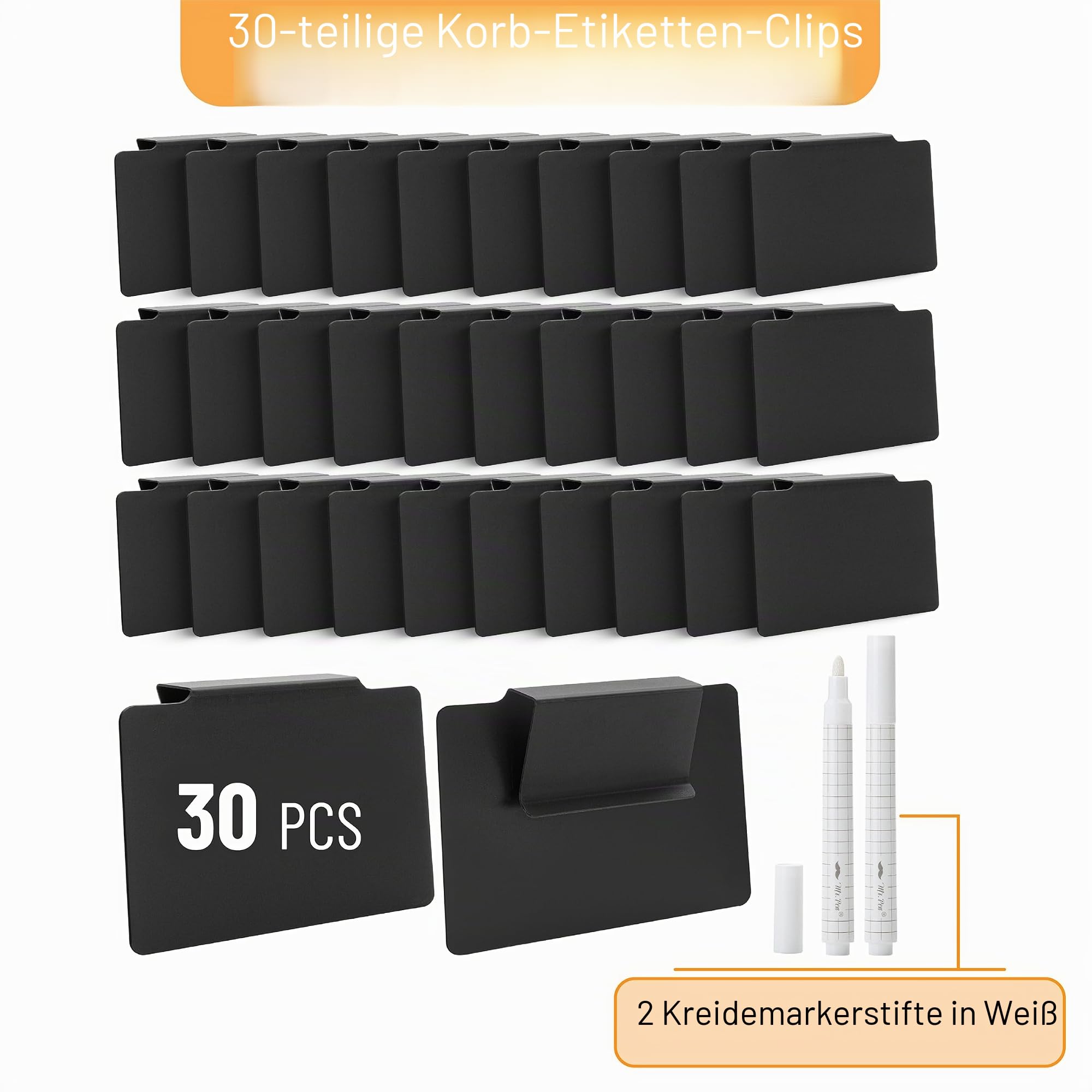 Mr. Pen- Basket Labels Clip On Set, 32 pcs, 30 Removable Bin Labels Clip On with 2 Chalk Markers, Back to School Supplies | 30 abnehmbare Korbetiketten für Aufbewahrungskörbe mit 2 weißen Kreidemarkern für Organisation