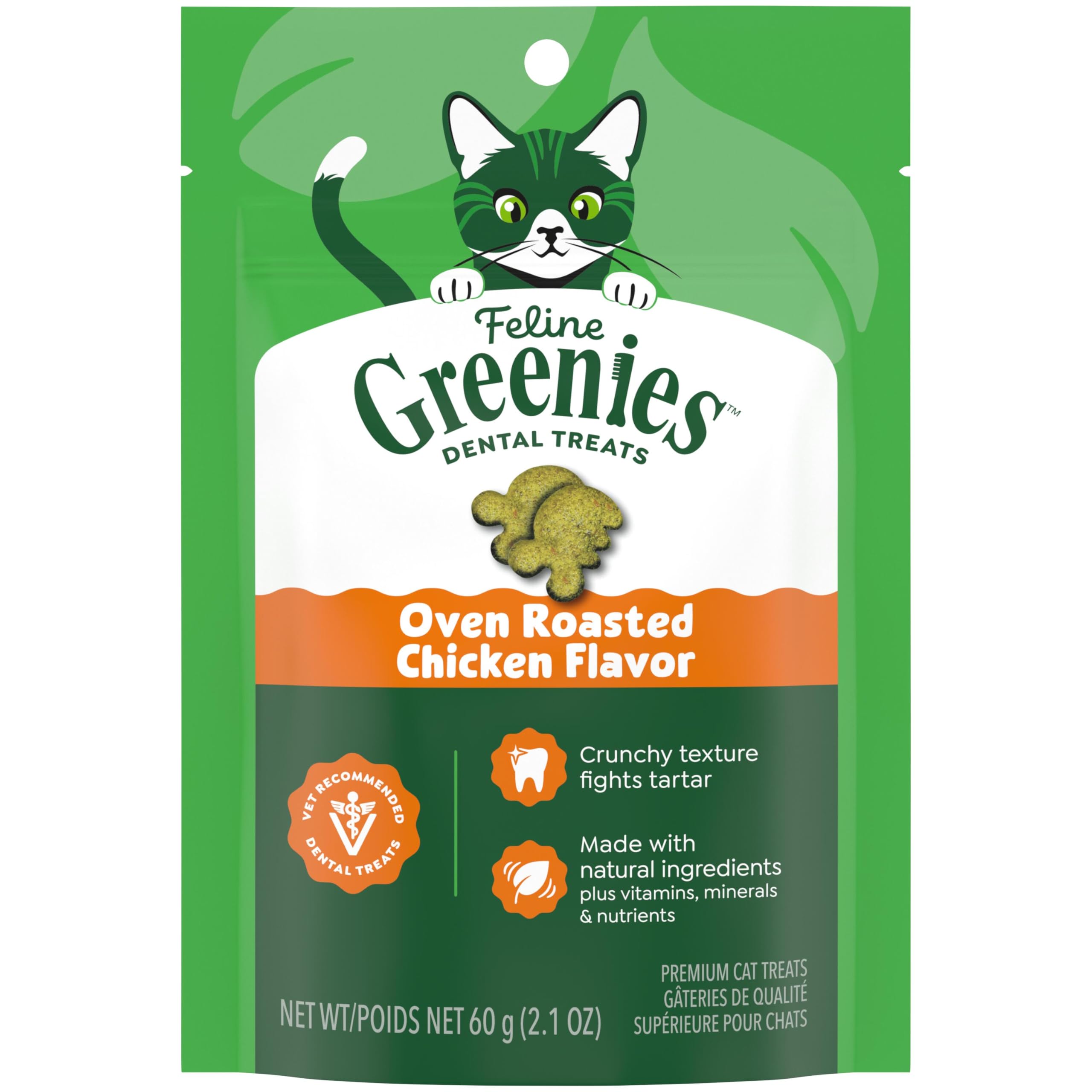 Greenies Feline Veterinarian-Recommended Adult Natural Dental Cat Treats, Oven Roasted Chicken Flavor, 2.1 oz. Pouch