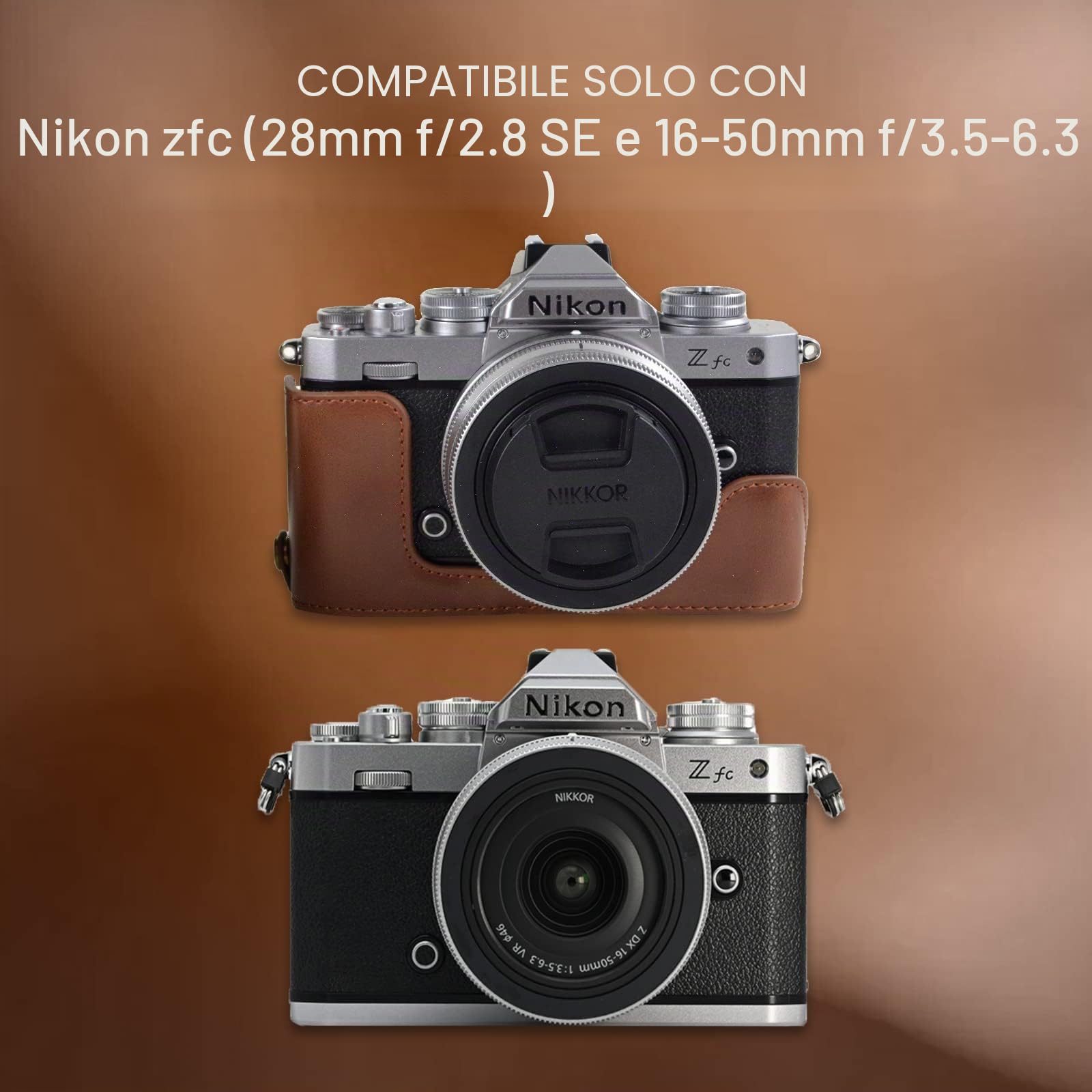Rieibi Z fc Zfc Custodia per fotocamera, custodia in pelle PU con cinghia per Nikon Z fc Zfc 28 mm f/2.8 SE, obiettivo 16-50 mm f/3.5-6.3, Caffè, Caffè