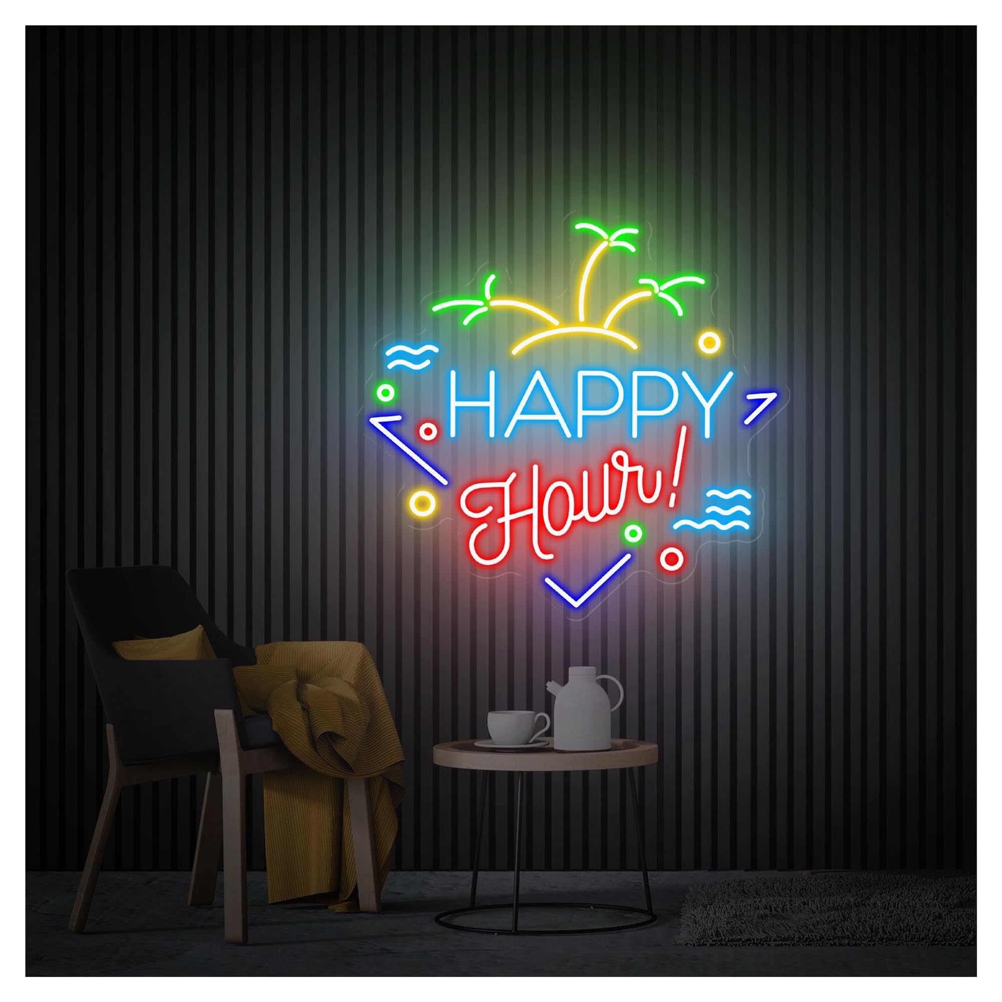RONGCH Hanging Art Signs Happy Hour Neon Sign,Suitable for Beach House Wall Decor with Dimmable 48cmx50cm(F)