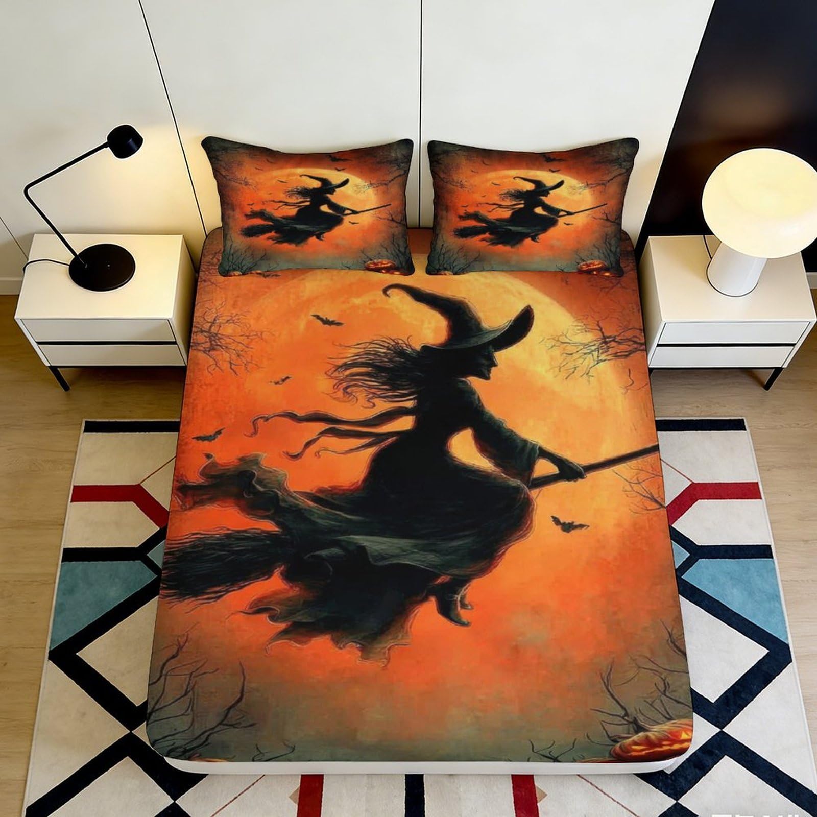 3D Printed Halloween Witch Fitted Sheet Microfiber Soft Orange Moon Mattress Cover for Bedroom Dorm Decoration 90x200x25cm