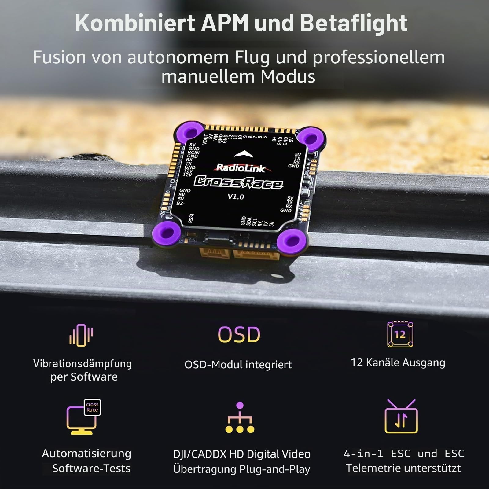 Radiolink CrossRace FPV Flight Controller Stack mit 4in1 ESC – APM & Betaflight kompatibel, DJI O3 & Walksnail HD, 37×37 mm