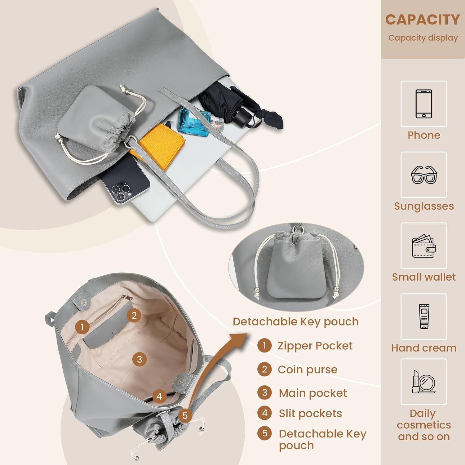 Genuine Leather Tote Bag for Women, Soft Purses Handbags Shoulder Fashion Top Handle Bag Large Capacity - Image 4