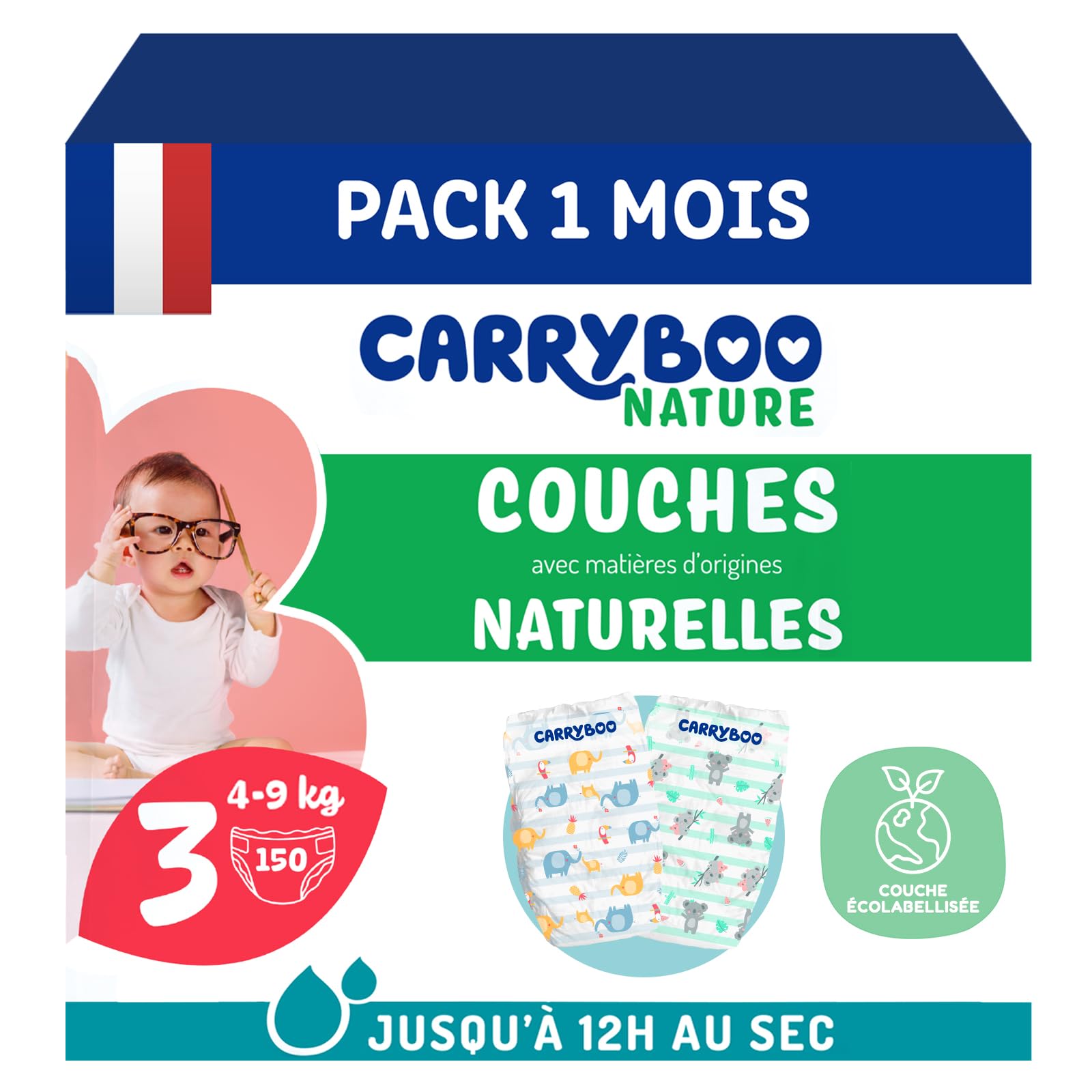 Carryboo - Pieluszki Rozmiar 3 4-9 kg - Ekologiczne pieluchy dla niemowląt - Naturalna pielęgnacja niemowląt, hipoalergiczne, bezzapachowe i zapobiegające przeciekaniu - Wyprodukowano we Francji, 150