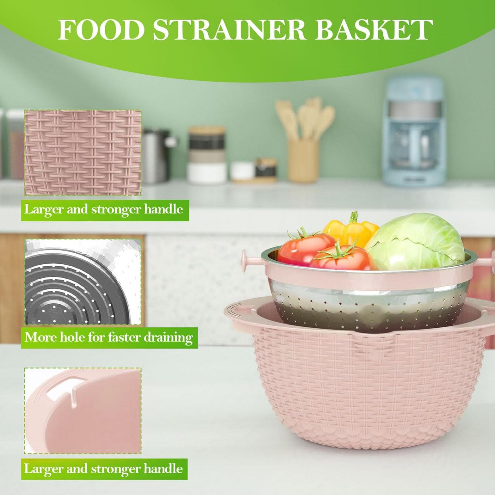 Colador 4 en 1 con juego de tazones para mezclar, coladores de alimentos y coladores para cocina, colador giratorio para pasta y arroz, colador de cocina con rebanador de