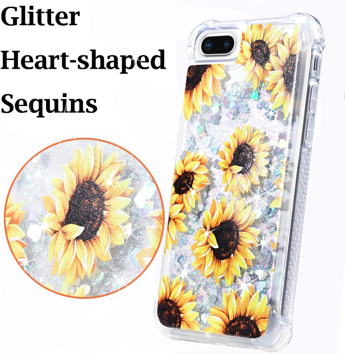 FLOCUTE iPhone 7 Plus Case, iPhone 8 Plus Glitter Floral Case Flower Bling Sparkle Floating Liquid Soft TPU Cushion Luxury Case for Girls Women Cute Case for iPhone 7 Plus 8 Plus 5.5 Inch (Sunflower)