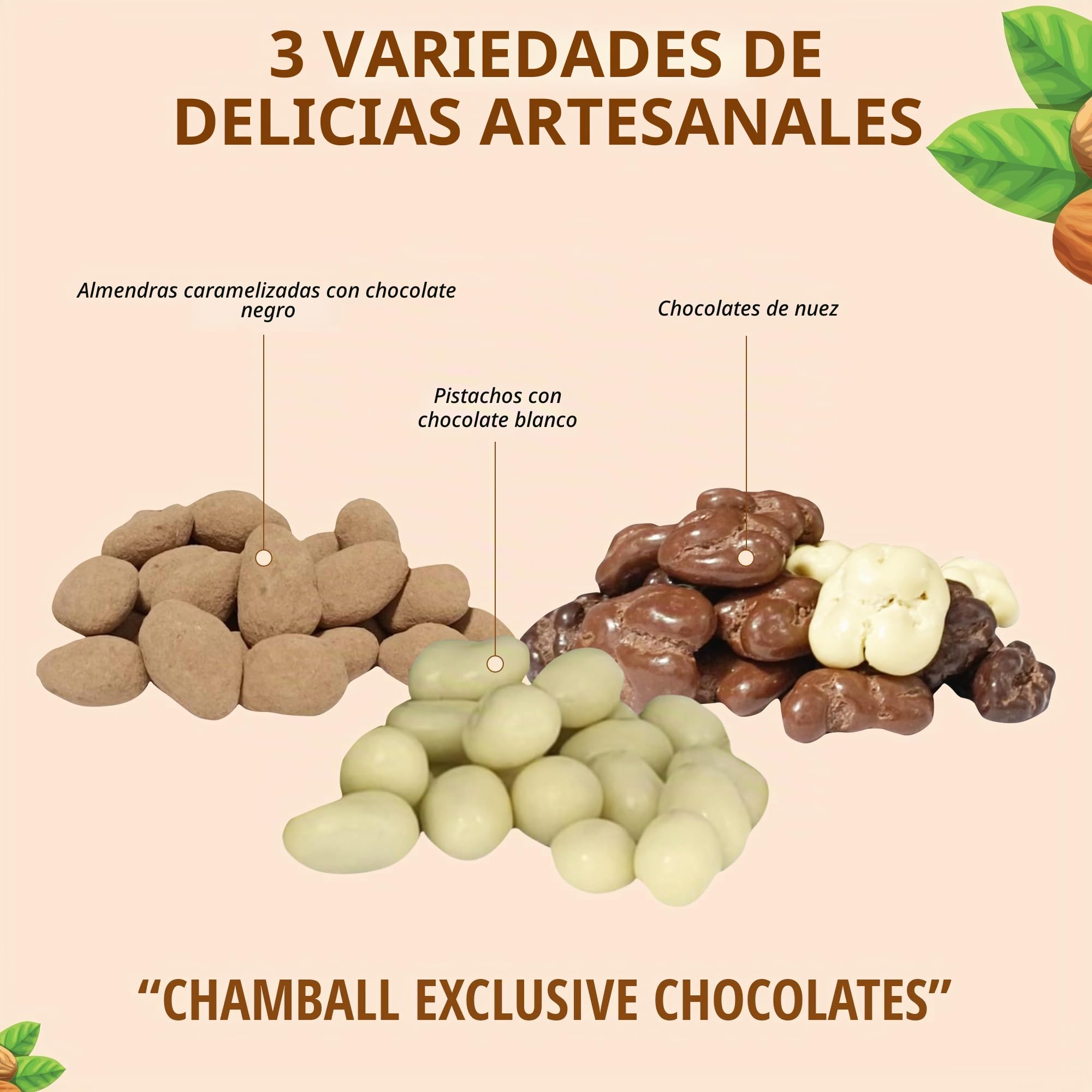 Chocolates Gourmet en Caja de Madera con Almendras, Pistachos y Nueces, Tres Chocolates | Caja Chocolate para Regalar, Chocolate Regalo, perfecto para San Valentín, Cumpleaños y Regalos Originales