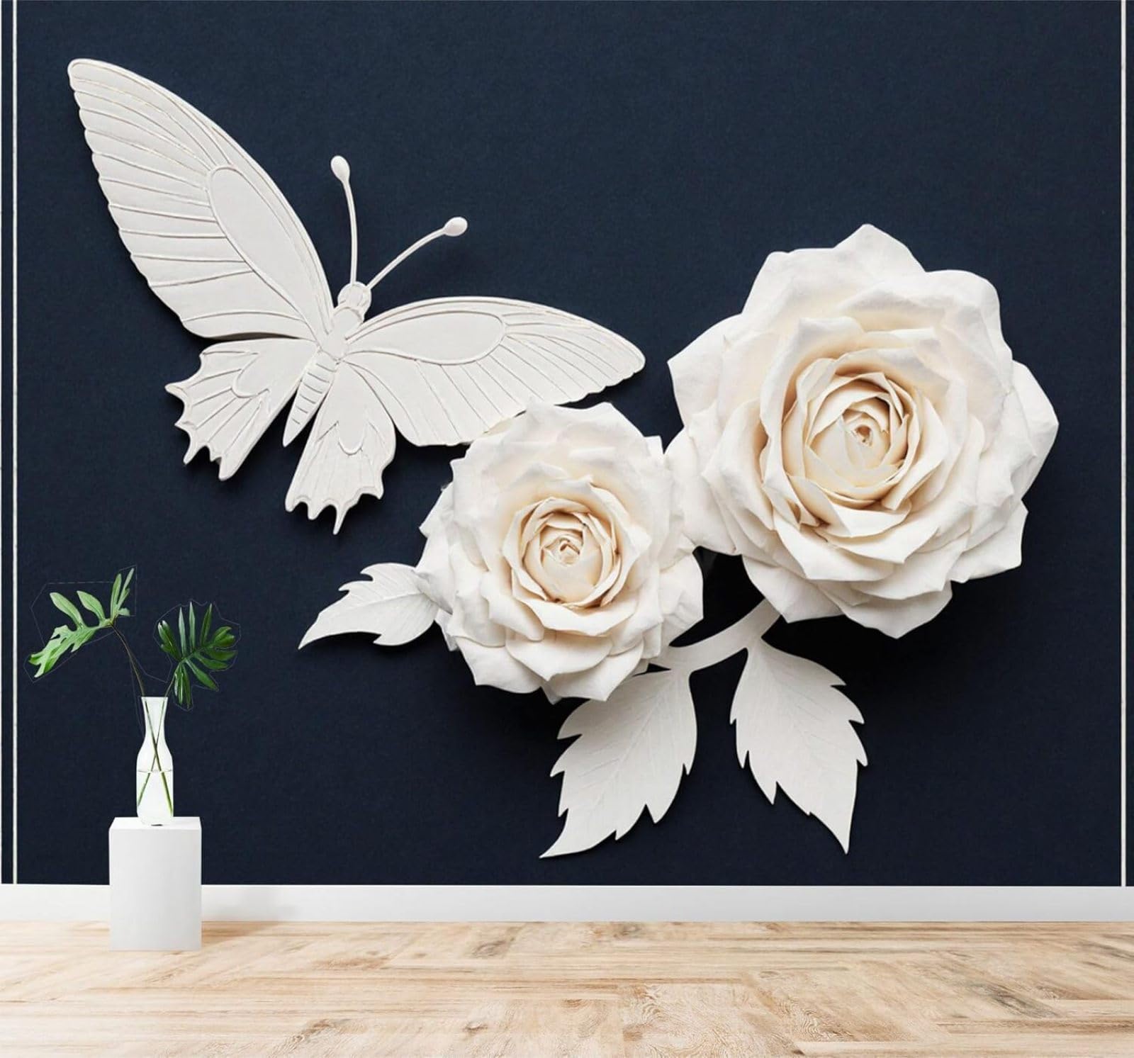 XLMING Three Dimensional White Butterfly Rose Elegant Flowers 3D Wallpaper Silky Texture Home Study Office Grey Dining Room Sofa Bedroom Living Room TV Backdrop-150cm×105cm