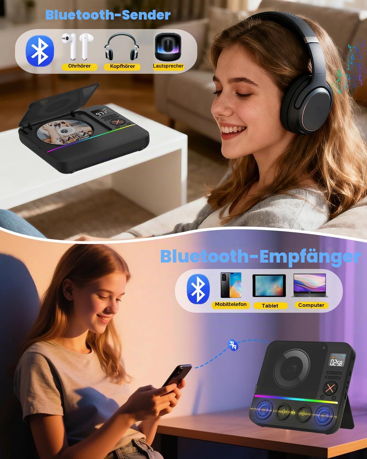 Tragbarer CD Player Bluetooth, Boombox Desktop CD-Player mit Bluetooth FM-Radio und RGB LED-Anzeige Integrierte Dual-Lautsprecher Unterstützt USB/AUX für Hause Camping Tragbare CD-Players