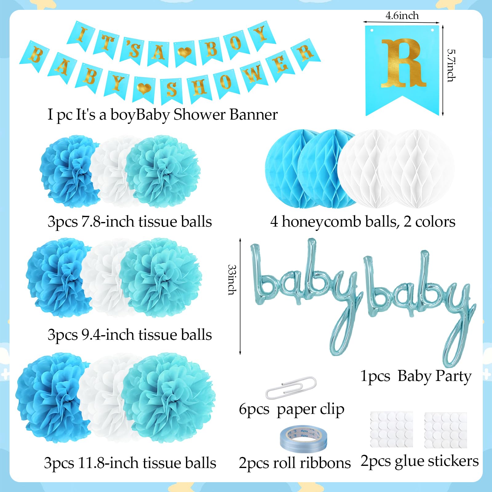 19 Pcs Baby Shower Decorations, Baby Shower Decorations Boy, Boy Baby Shower Decorations Used for Baby Shower Decoration, Birthday Party Decoration, Party Background Decoration (Blue)