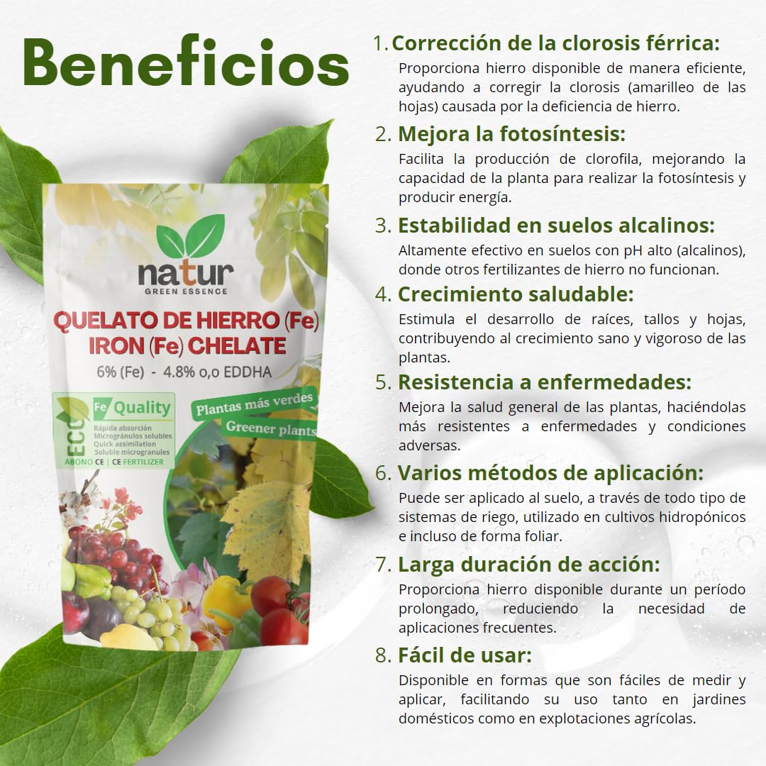 Natur, QUELATO DE HIERRO EDDHA para plantas, Reverdeciente Anticlorosis, Nutriente imprescindible, Fertilizante ecológico, Concentración ideal (6% Fe EDDHA o,o 4,8%), Plantas Verdes y Sanas, 5 KG
