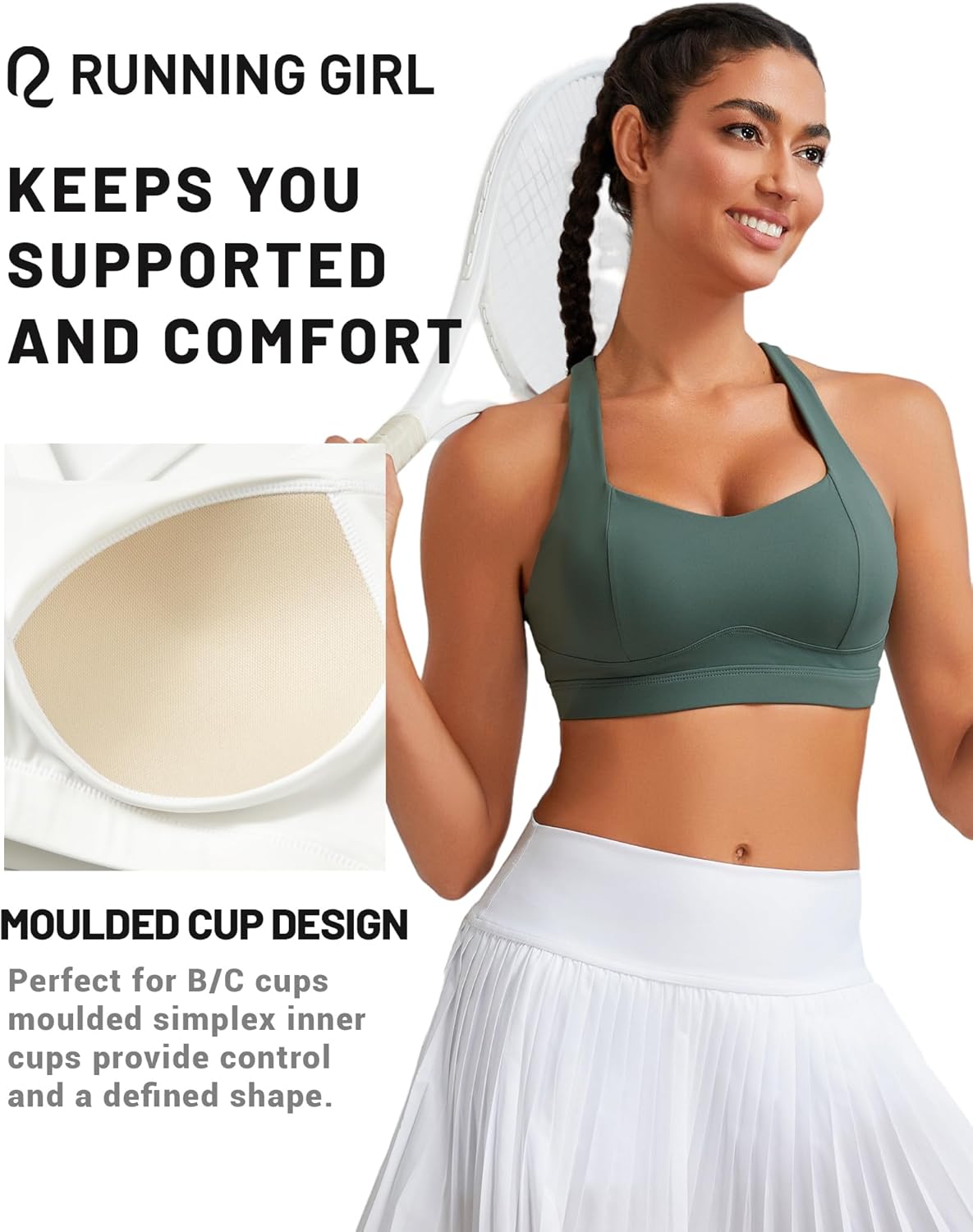 RUNNING GIRL Sports Bras for Women, Medium Support Molded Cup Sports Bras with Sewn in Pads Strappy Workout Yoga Bra - Image 6