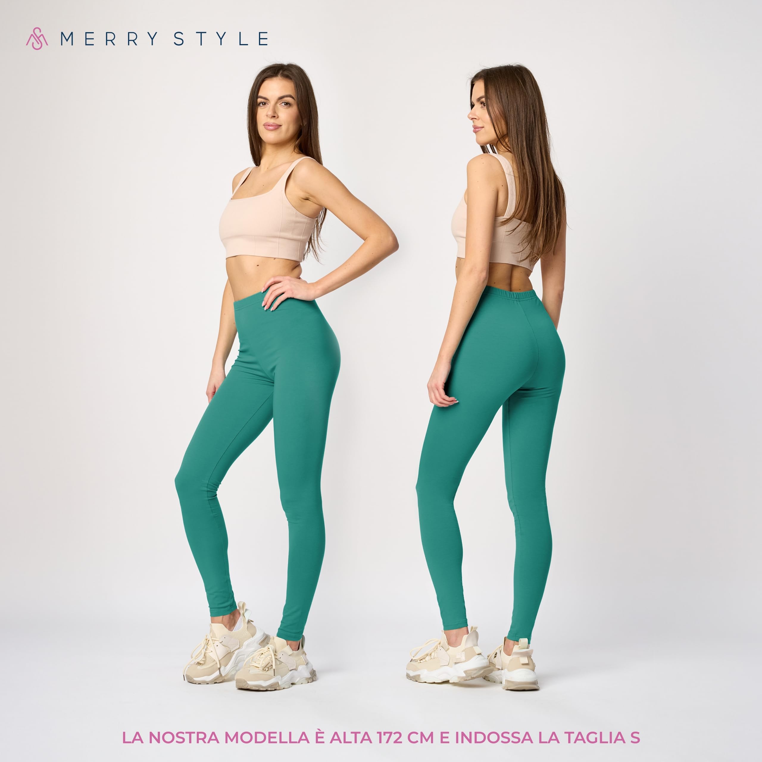 Merry Style Lunghi Leggings Fuseaux Sportivi da Donna Pratico Modello a Vita Alta in Cotone Naturale MS10-198