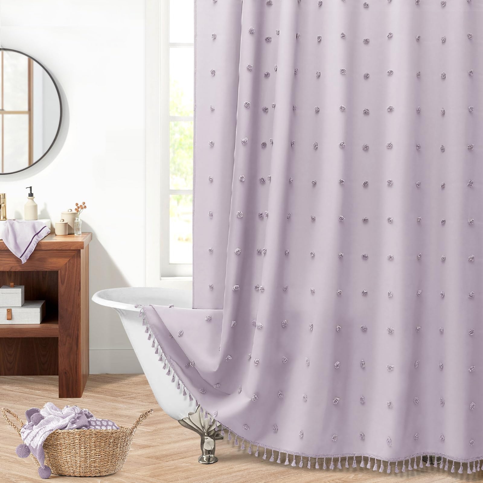 Craidlela Boho Shower Curtain, Tufted Pleat Floral Textured Tassel Vintage Farmhous Bathroom Curtain, Simple Classic Style Shower Curtains with Hooks,