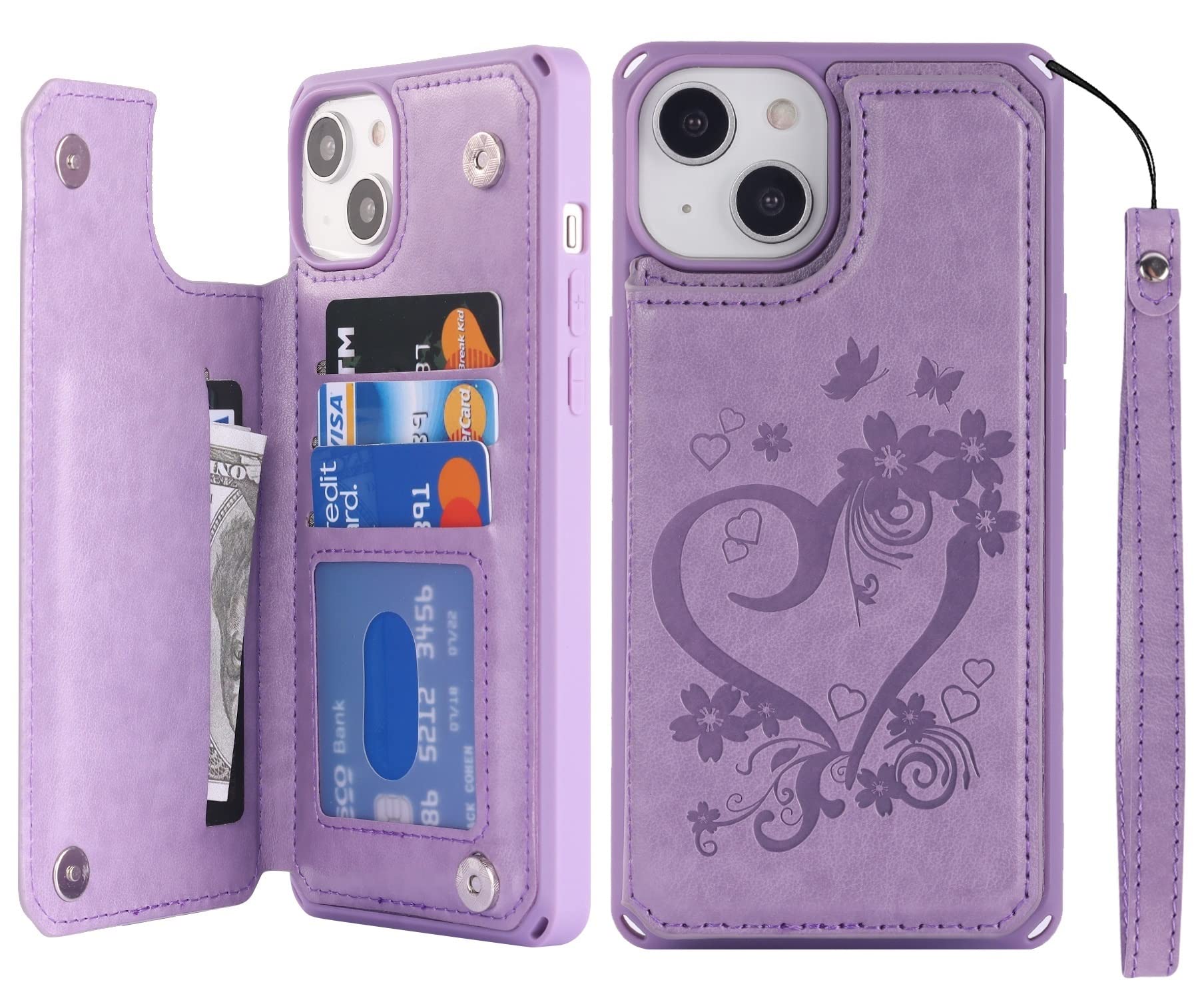 iCoverCase for iPhone 14 Plus Case with Card Holder, iPhone 14 Plus Wallet Case for Women with Strap [RFID Blocking] Embossed Leather Kickstand Phone Case for iPhone 14 Plus 6.7 Inch (Heart Purple)