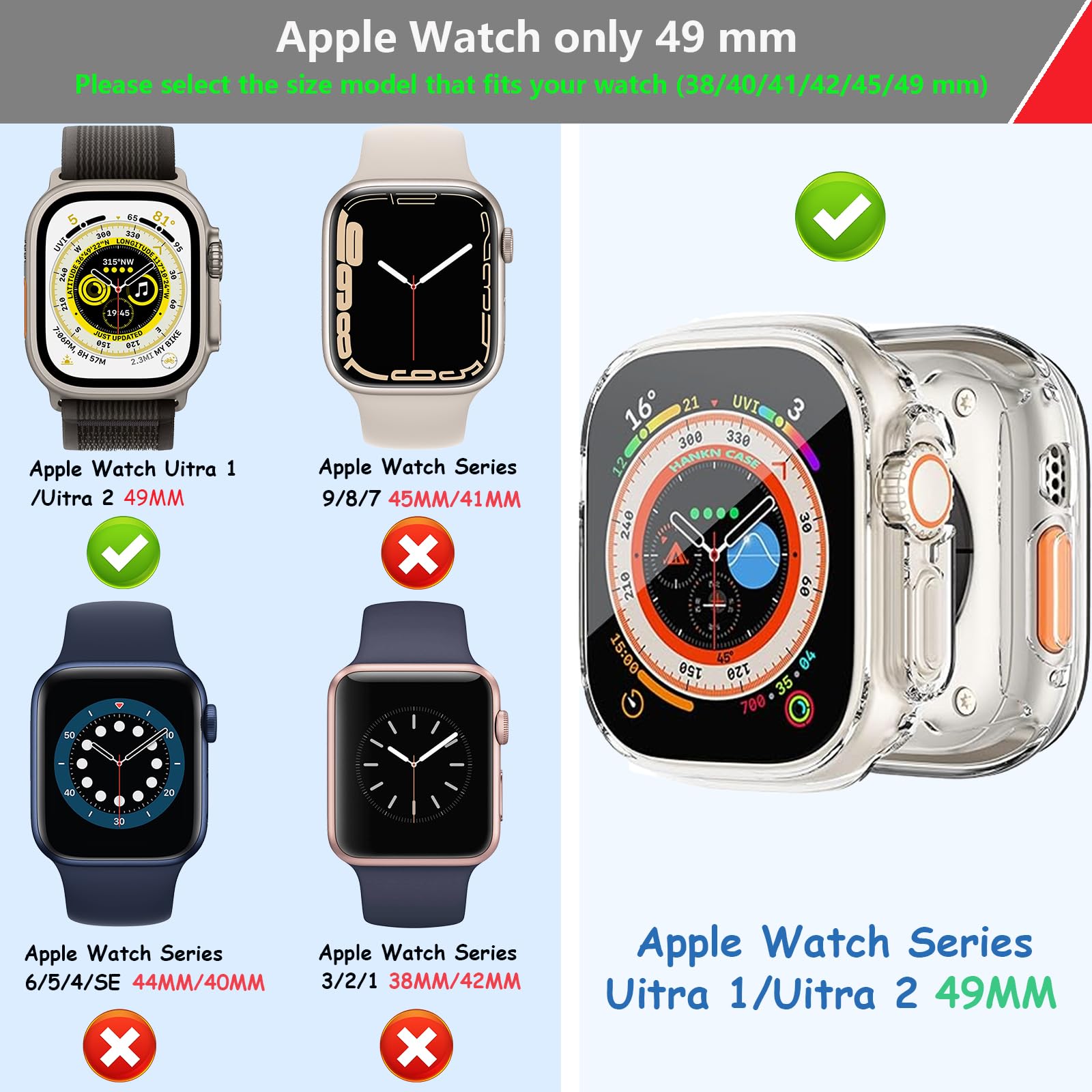 AOKUTDA Confezione da 3 custodie compatibili con Apple Watch Ultra 2/Ultra da 49 mm, protezione dello schermo in vetro temperato anti spia a 30°, copertura ultra sottile e completa, per accessori