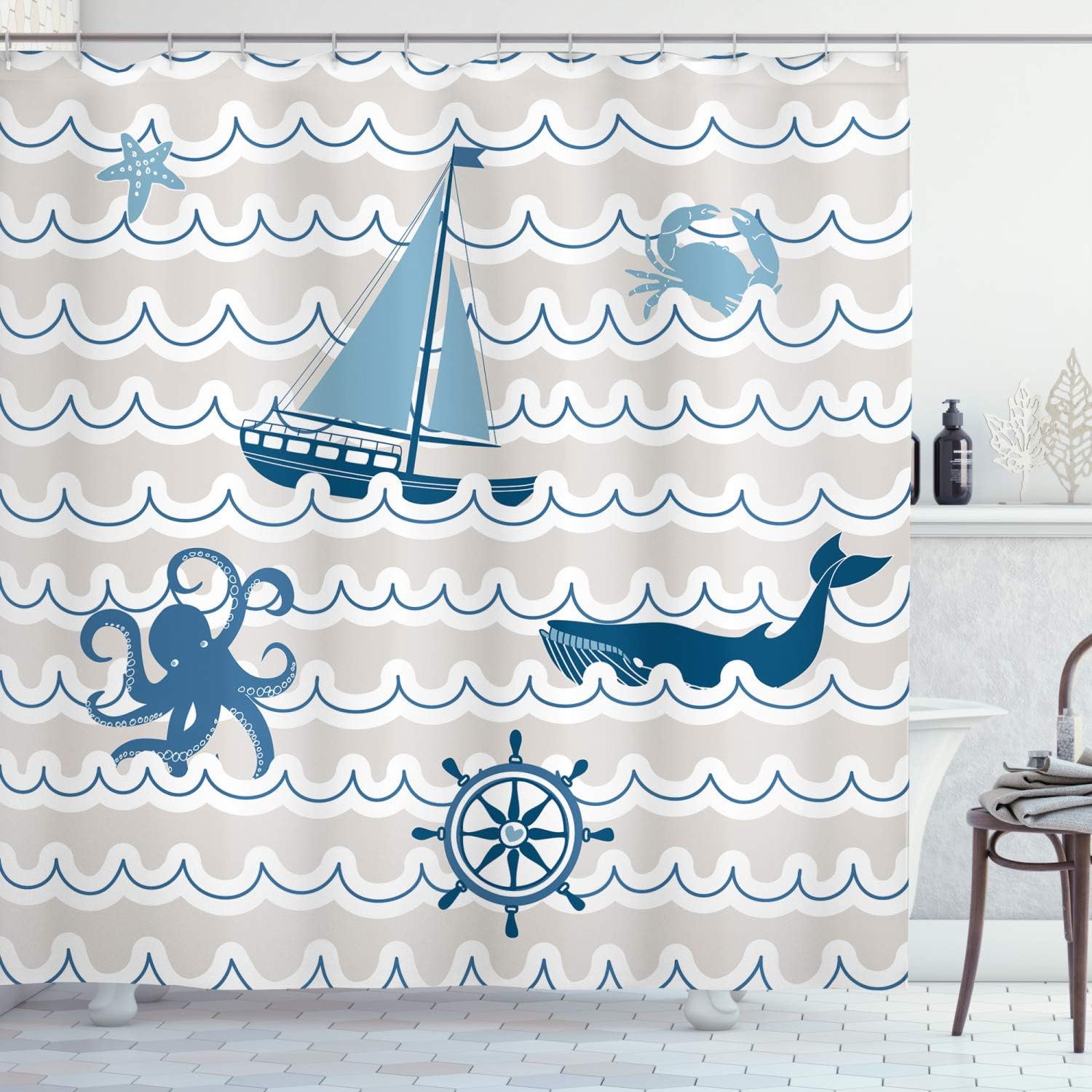 Ambesonne Nautical Shower Curtain, Wave Pattern Marine Elements Octopus Crab Starfish Whale Art, Cloth Fabric Bathroom Decor Set with Hooks, 69" W x 70" L, Beige Blue White