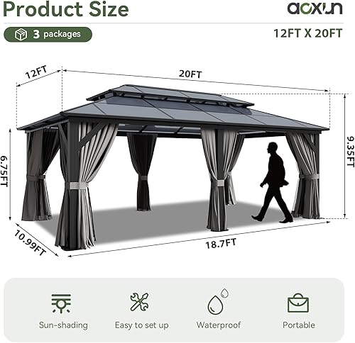 Vista 127 de Aoxun - Gazebo con techo rígido para jardines, patios con cemento o césped, pabellón permanente de policarbonato con doble techo, marco de aluminio