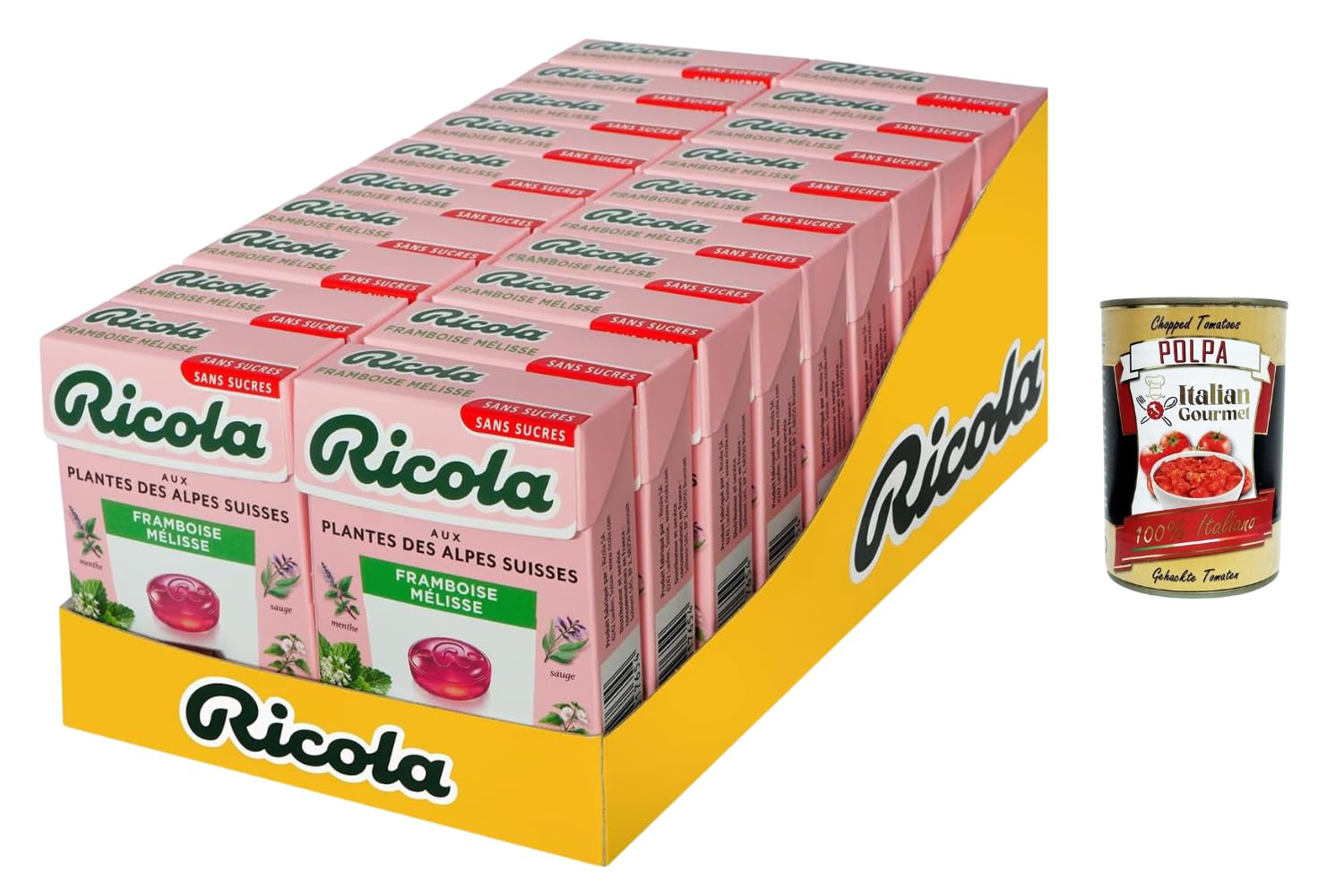 Italian Gourmet Schweizer Alpenkräuter Bonbons Zuckerfrei – Himbeere & Melisse – 20x50g Vorratspack – Kräuterpastillen für Hals & Atem – einzeln verpackt – praktische Großpackung