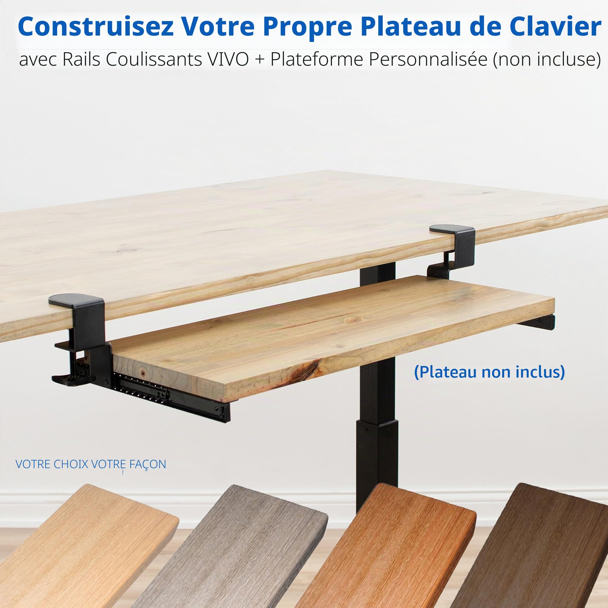 VIVO MOUNT-RAIL02 Ensemble de pinces et rail de 30,5 cm pour plateau de clavier personnalisé (plateau non inclus), rail coulissant pour dessous de bureau avec système de montage de pince en C extra