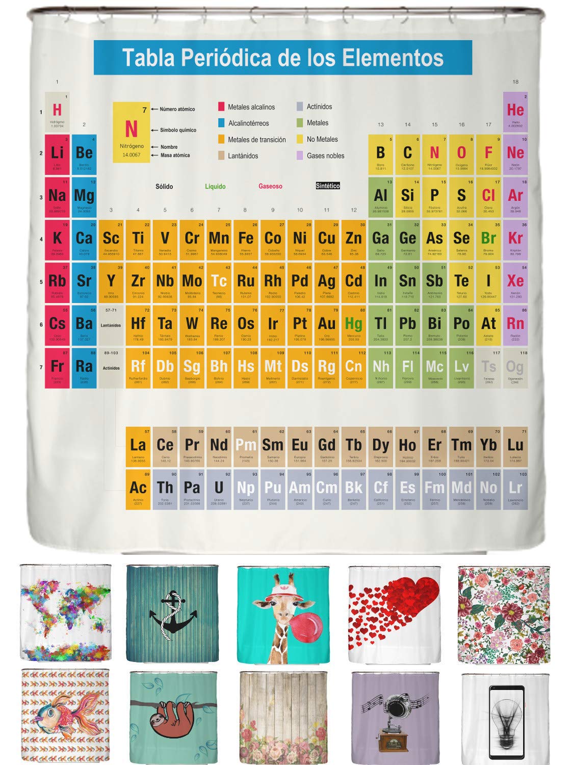 Cortina de Ducha 180x200 - Cortina de Baño Antimoho de Tela, Impermeable, Lavable y Opaco con Dobladillo Ponderado y Anillas (Tabla Periódica Española)