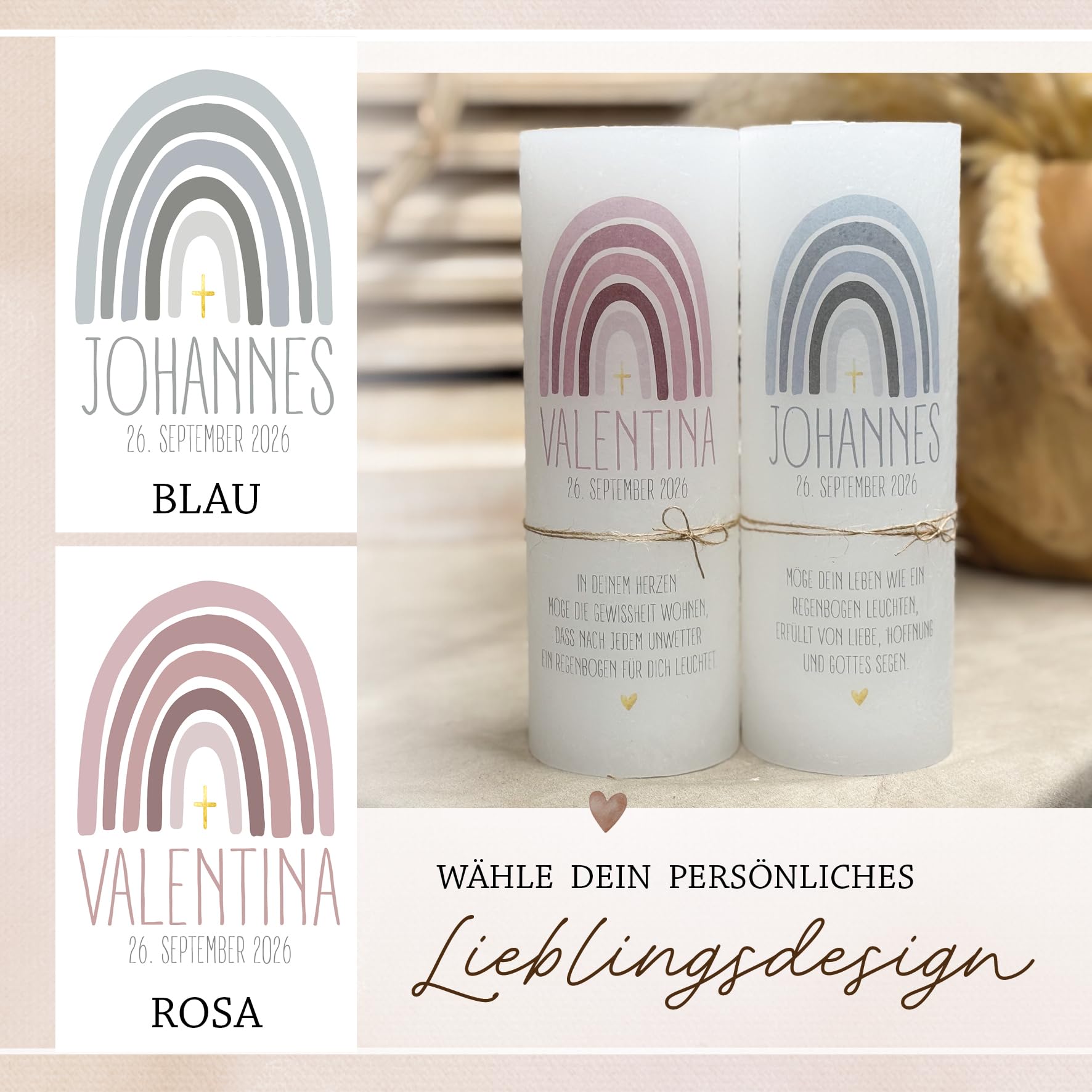 Personalisierte Taufkerze mit Name & Datum | Rustikkerze 7x20 cm | Geschenk zur Taufe Mädchen Junge | Individuelle Kerze mit Spruch | Regenbogen Motiv (Grün)