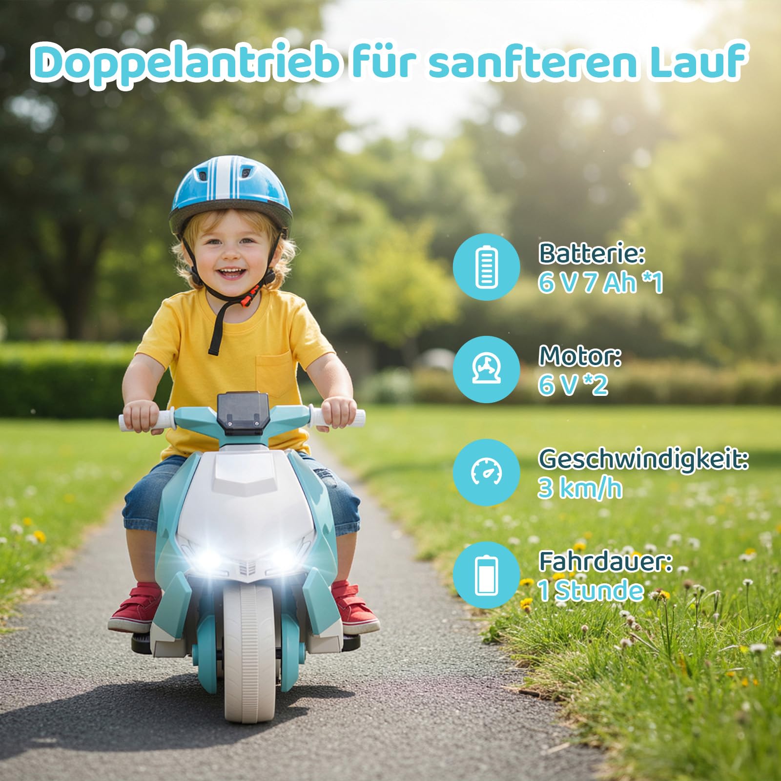 MAMIZO Moto électrique Enfant, Tricycle électrique à Double Moteur, 92 x 42 x 56 cm, avec Musique, pédales, Phare, Port USB, 3 km/h, Max 30 kg, pour Enfants 3-6 Ans, Vert | 92x42x56 cm, avec musique, pédales, phare, Fonction marche avant/arrière, 3 km/h,