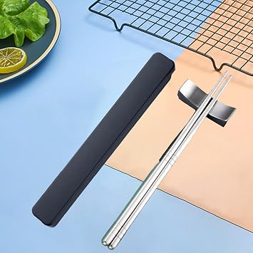 2 Pair Portable Chopsticks with Pull Design Case, Reusable Metal Stainless Steel Chopstick Travel Utensil for School Home Office Outdoor Camp Bento Box Use, Dishwasher Safe (Black)