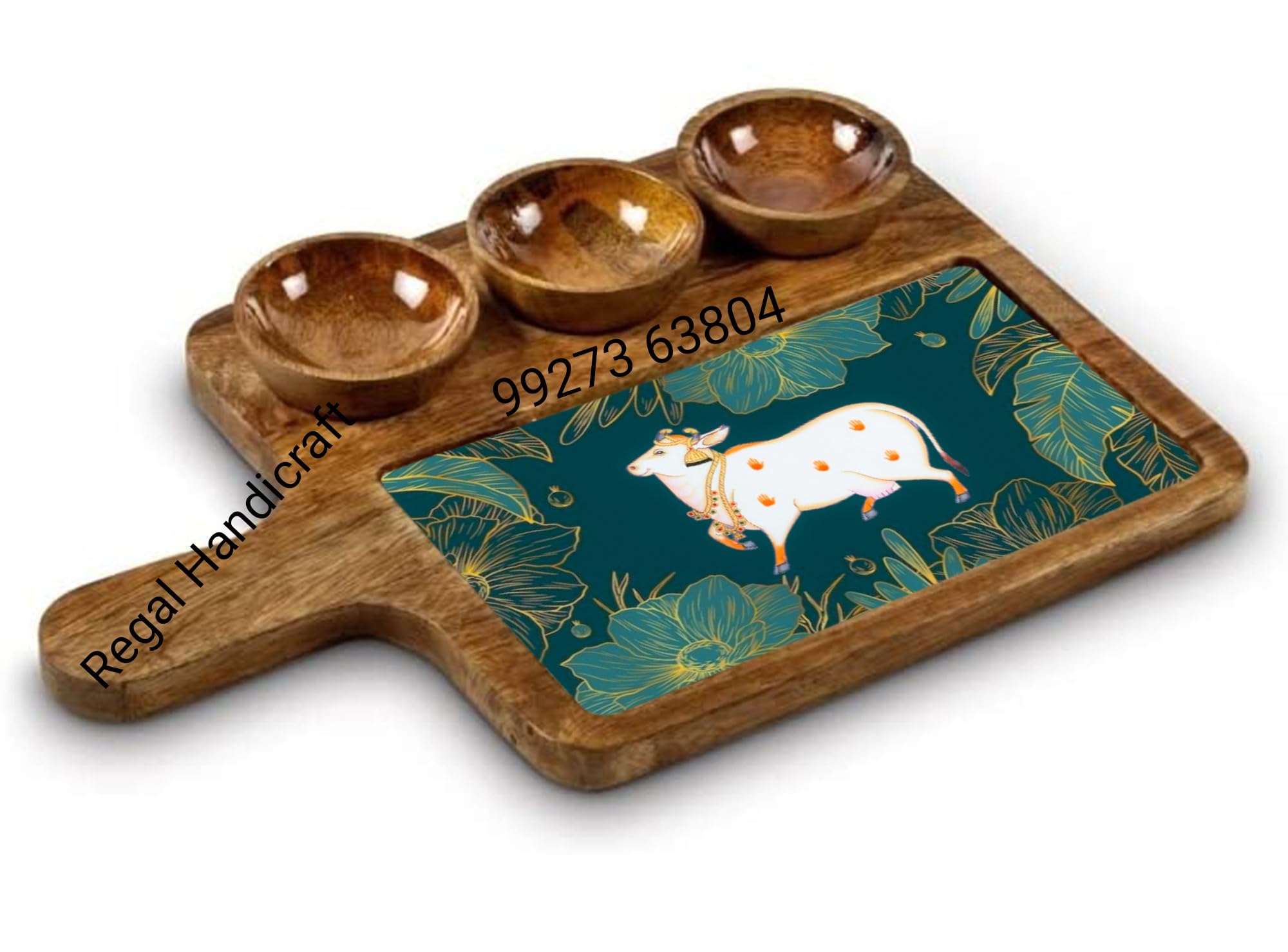 Wooden Platter Mango Wood Rectangular Serving Tray with 3 Bowl Set Multipurpose Appetizer Platter for Cakes & Snacks Kitchen and Restaurants Use (Size.10X16 inch) Cow Design