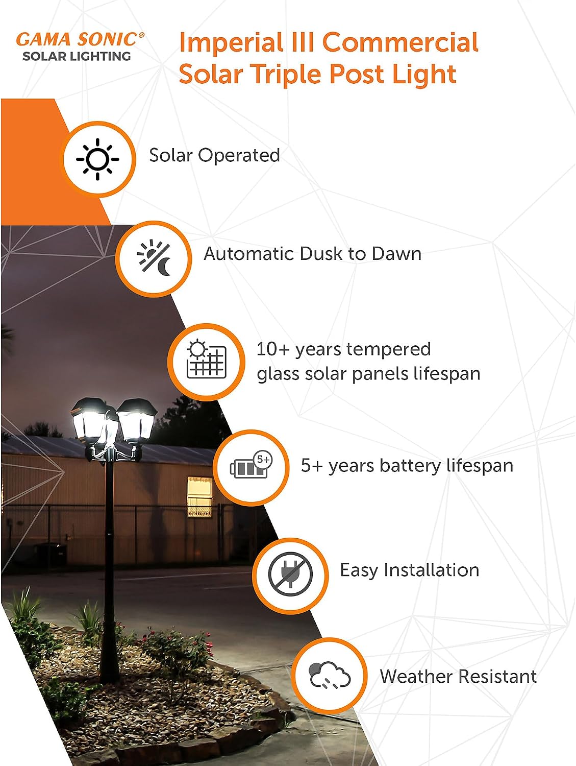Gama Sonic Imperial III Solar Post Light, Cast Aluminum and Beveled Lens, Outdoor Triple Solar Lamp, 900 Lumens Output, Dual Warm/Bright Color, 3" Fitter, Black, 97KF30