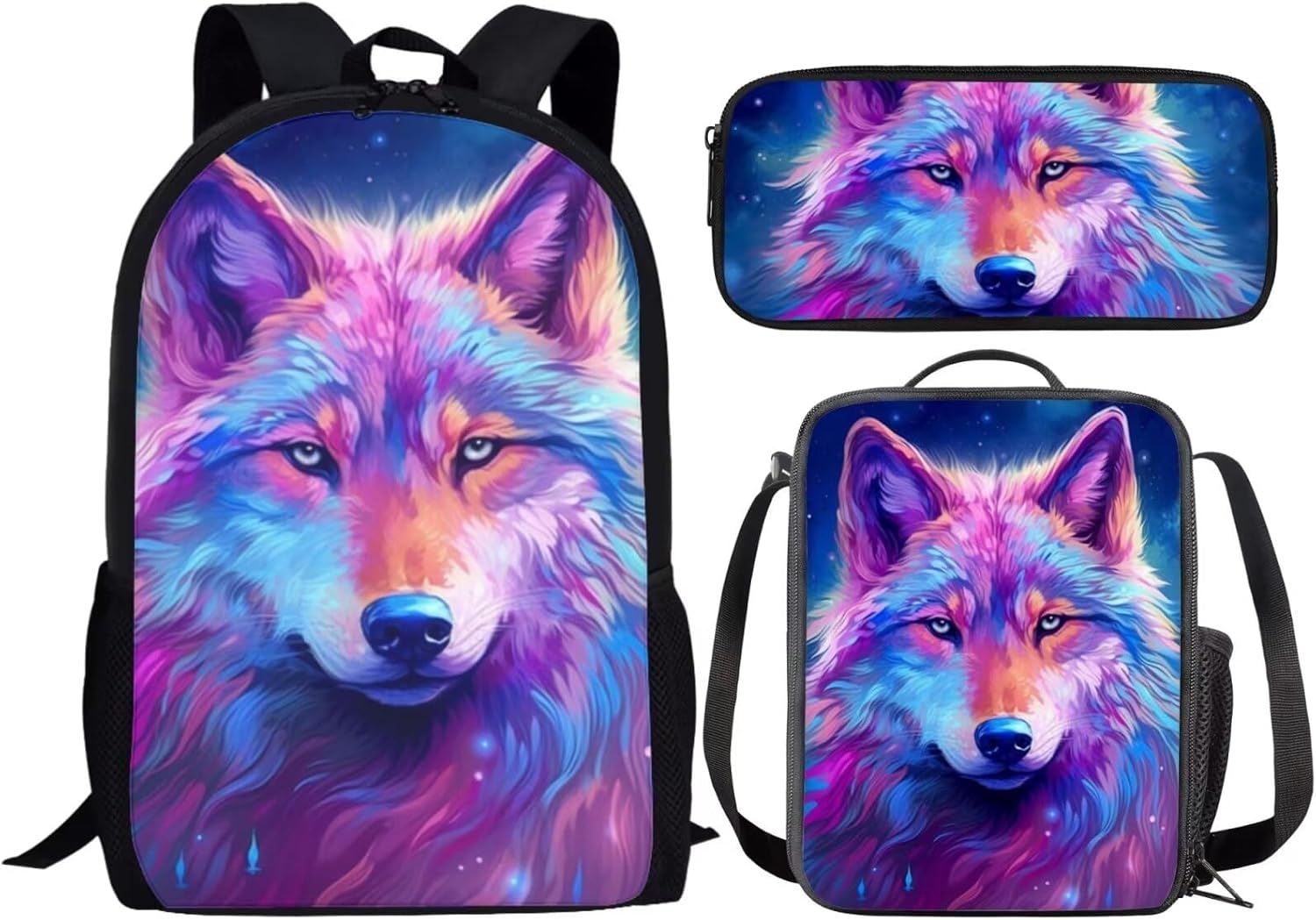 Scary Wolf Backpack Set for Boys Portable Sturdy Soft Lightweight Large School Backpack with Lunch Box Pencil Case Kids Student Cool Animal Print Bookbag Insulated Lunch Bag