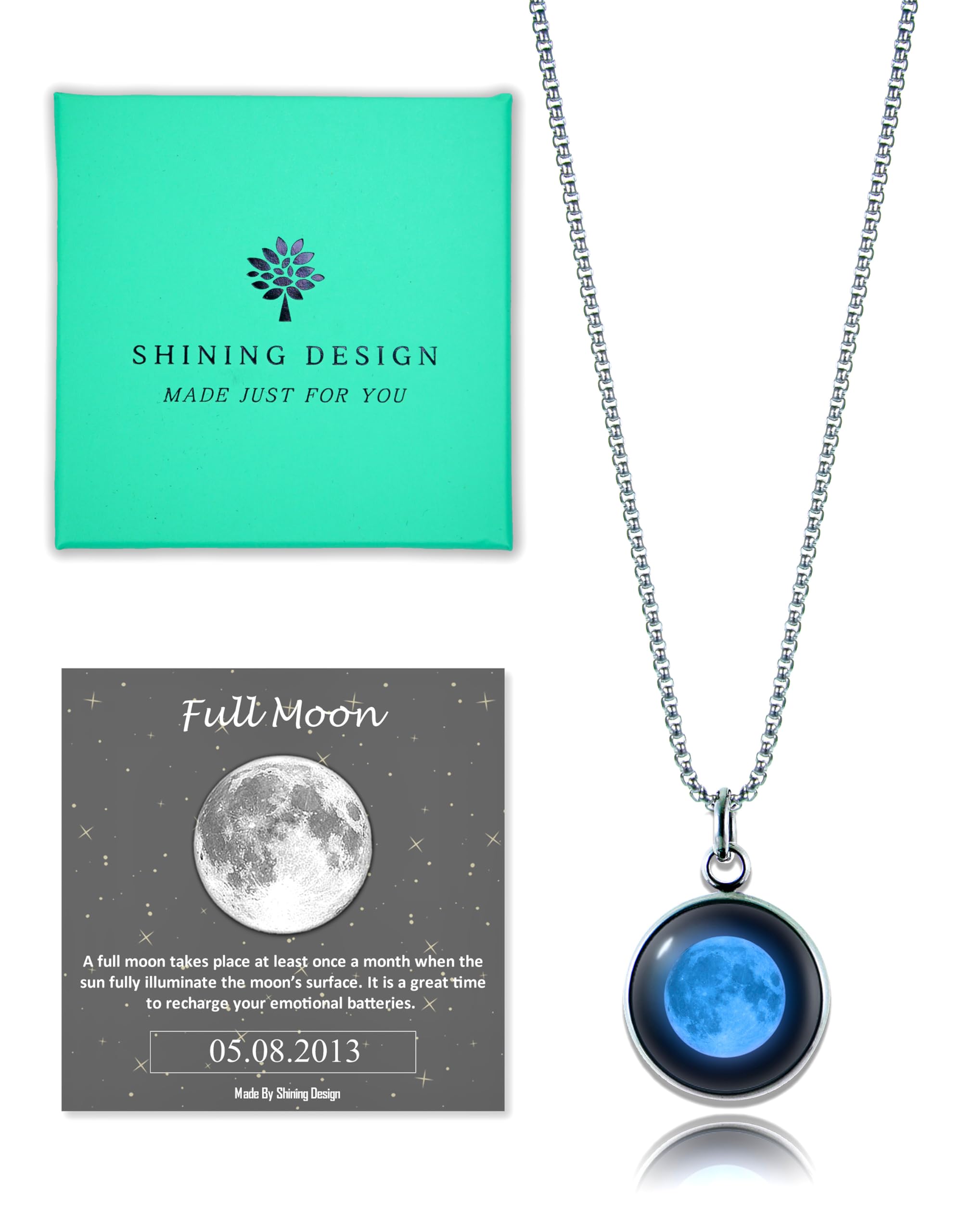 Custom Birth Moon Phase Necklace Jewelry with Gift Box; Special Day Jewelry; Glowing Moon Phase Pendant; Personalized Gift for Birthday, Anniversary, Special Date Necklace